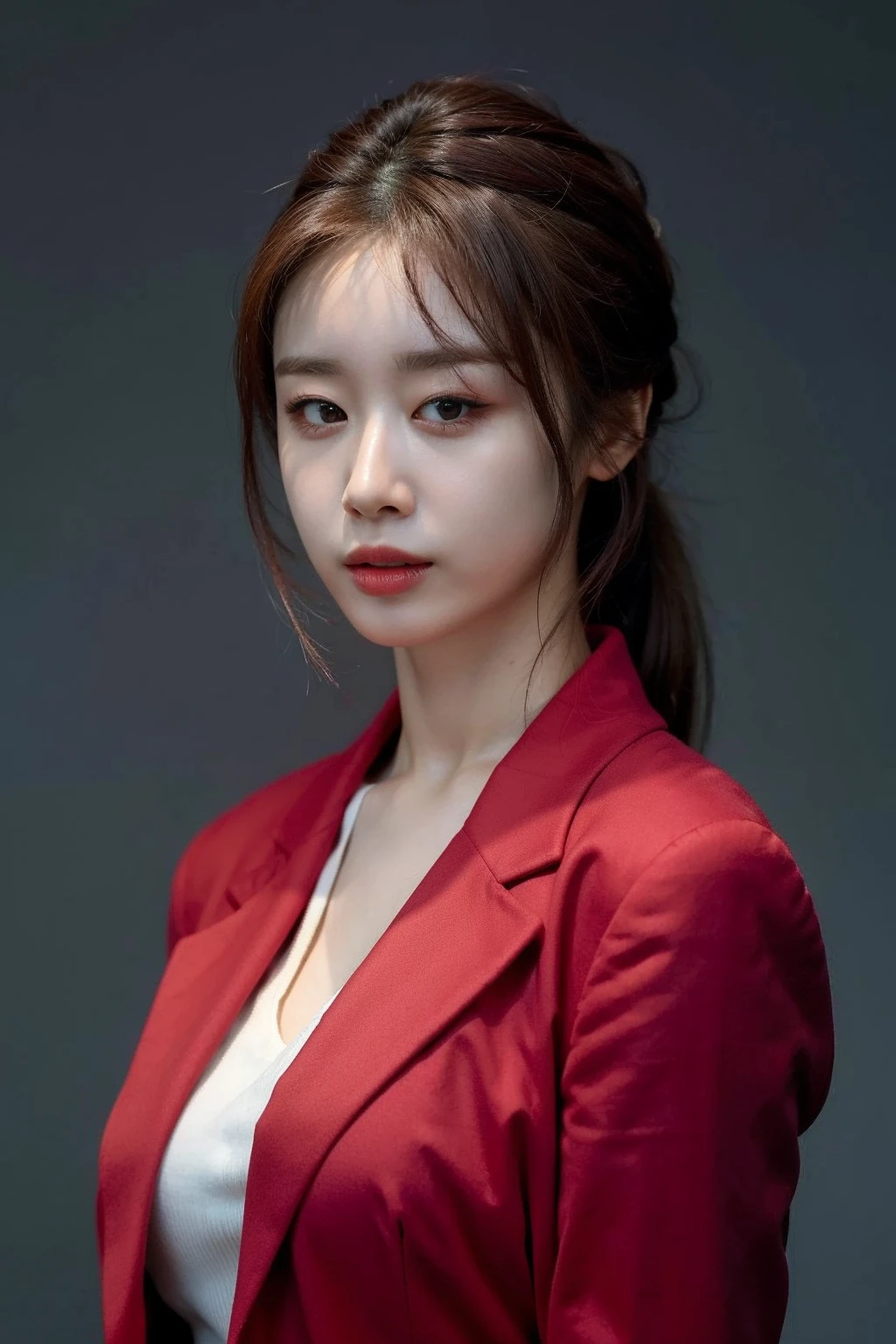 Best quality, masterpiece, ultra high res, (photorealistic:1.4), raw photo,1girl, solo, realistic, looking at viewer, parted lips,simple background, upper body, red shirt, jacket, <lora:makina69_jiyeon_v1.0:1>