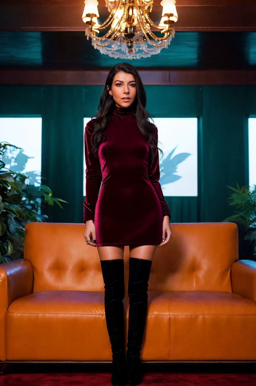 A stunning intricate full color picture of a beautiful woman, wearing a velvet dress with thigh-high boots in a chic lounge, portait, epic character composition,by ilya kuvshinov, alessio albi, nina masic,sharp focus, subsurface scattering, f2, 35mm, film grain<lora:luechar:1>