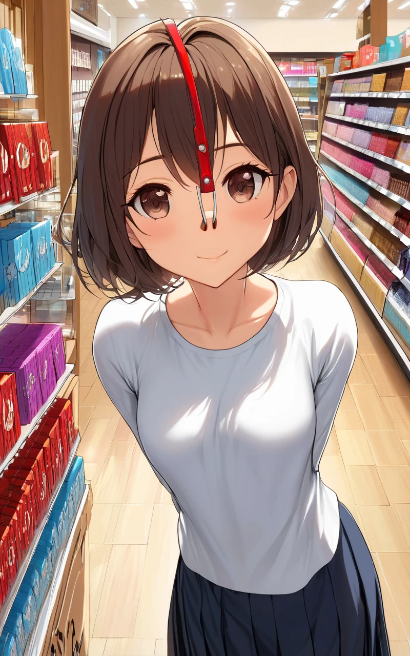 (masterpiece, best quality ultradetailed:1.2) <lora:SDXL_nosehook_anime_v1:1.2>(upper body,waist,)girl,shop,short_shirt,skirt,(short hair:0.8)(wide shot:1.2),front view,looking at viewer,(smile:0.4)