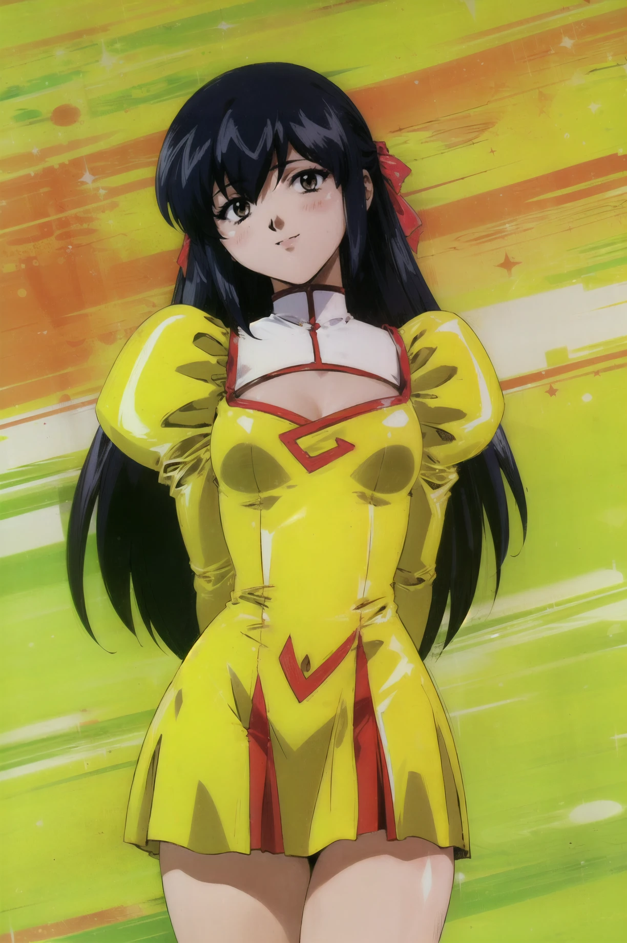 masterpiece, best quality, 1girl, looking at viewer, ultra detailed, <lora:add_detail:0.5>, <lora:rie_FW:1> , black hair, brown eyes, bangs, long hair, hair ribbon, simple background , long sleeves, dress,  puffy sleeves,  uniform, cleavage cutout, juliet sleeves, half updo, yellow dress, cowboy shot, smile, extended arms