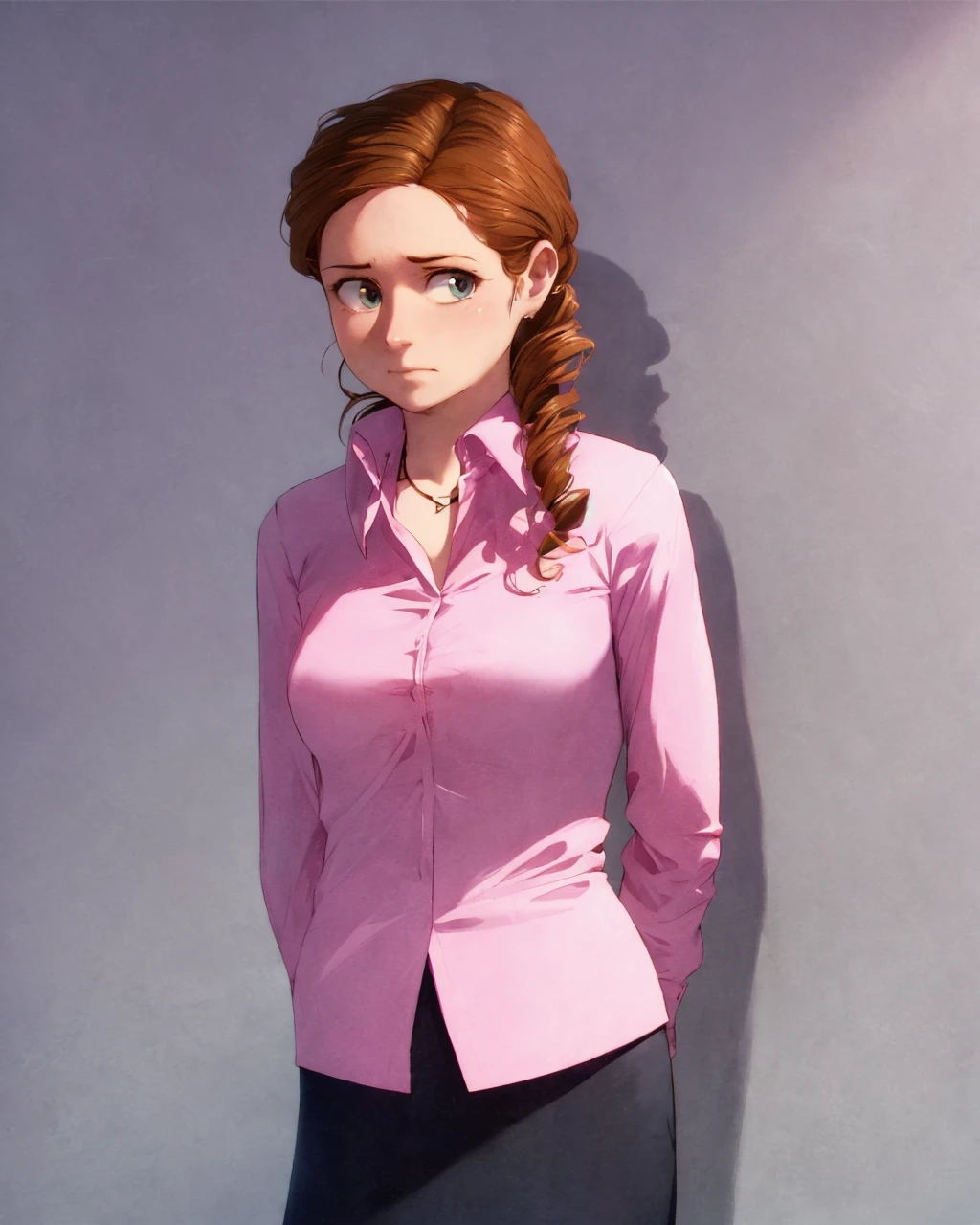 <lora:P4mB3z-000016:0.98>, (P4mB3z), standing, cute, shy, blouse, skirt, looking at the viewer, 1girl, solo, wall background, centered
