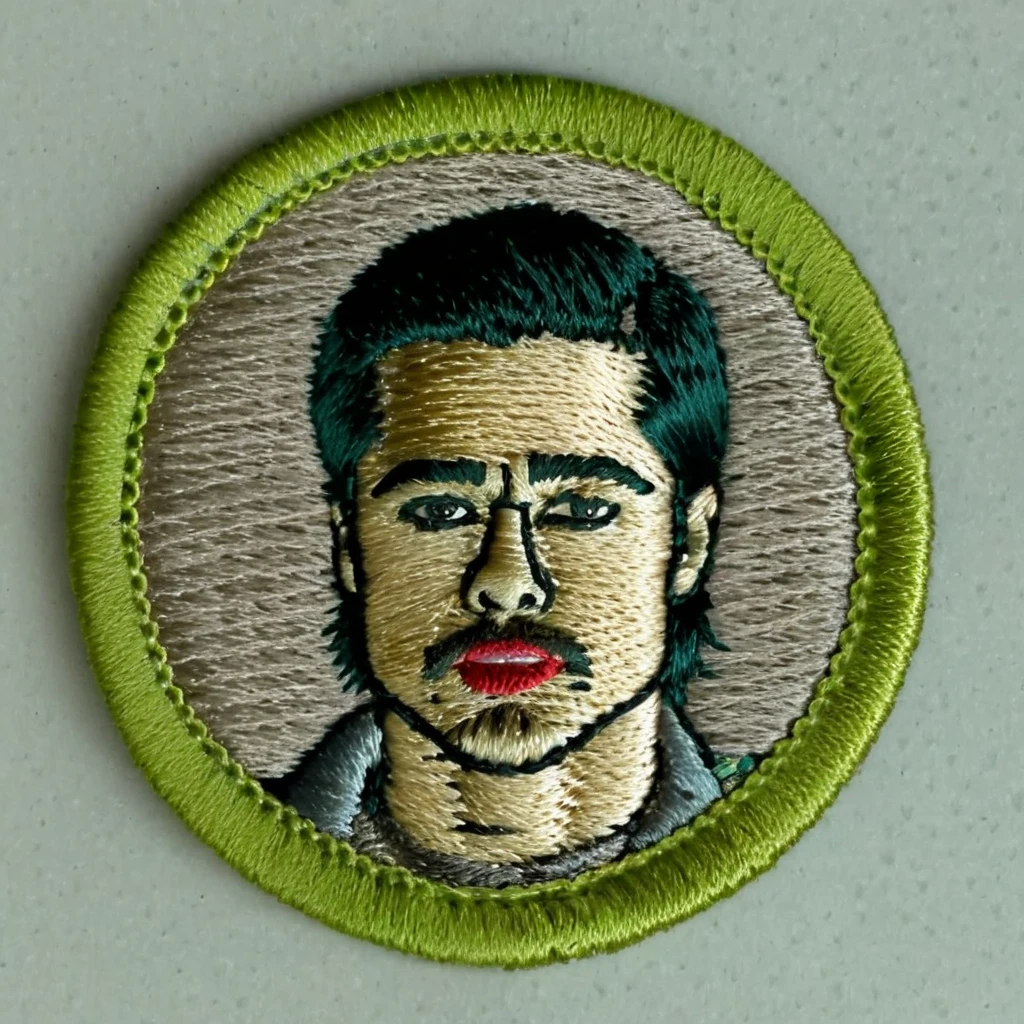 macro photograph of a circular embroidered patch of Brad Pitt , in meritbadge style, plain background, extremely detailed, contrasting complementary colors, vignette, symmetry, centered, <lora:meritbadge_StyleXLv7.0:1>
