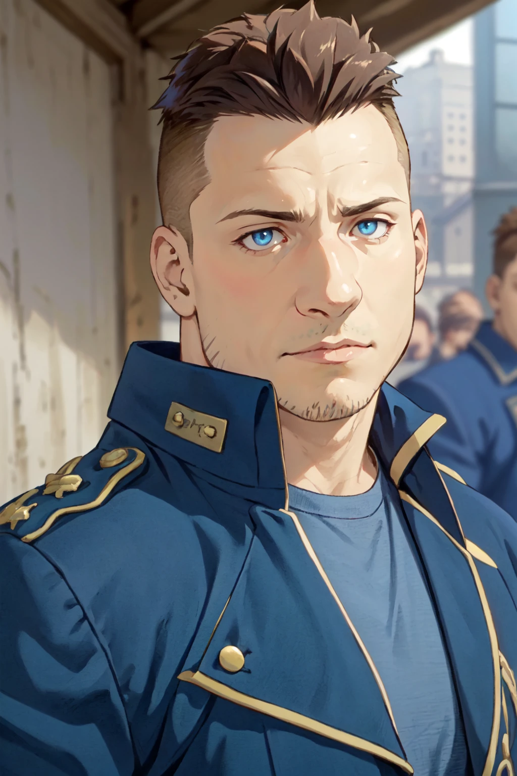 (1 image only),  solo male,  1boy,  Heymans Breda,  Fullmetal Alchemist,  anime,  2D,  blue eyes,  brown hair,  short hair,  high fade,  stubble,  handsome,  chubby,  open (pure blue military uniform,  blue 
 coat),  confidence,  charming,  alluring,  upper body in frame,  perfect anatomy,  perfect proportions,  8k,  HQ,  (best quality:1.2,  hyperrealistic:1.2,  photorealistic:1.2,  masterpiece:1.3,  madly detailed photo:1.2),  (hyper-realistic lifelike texture:1.2,  realistic eyes:1.2),  high_resolution,  perfect eye pupil,  dutch angle, best quality,  (long sleeves),<lora:EMS-286469-EMS:0.600000>