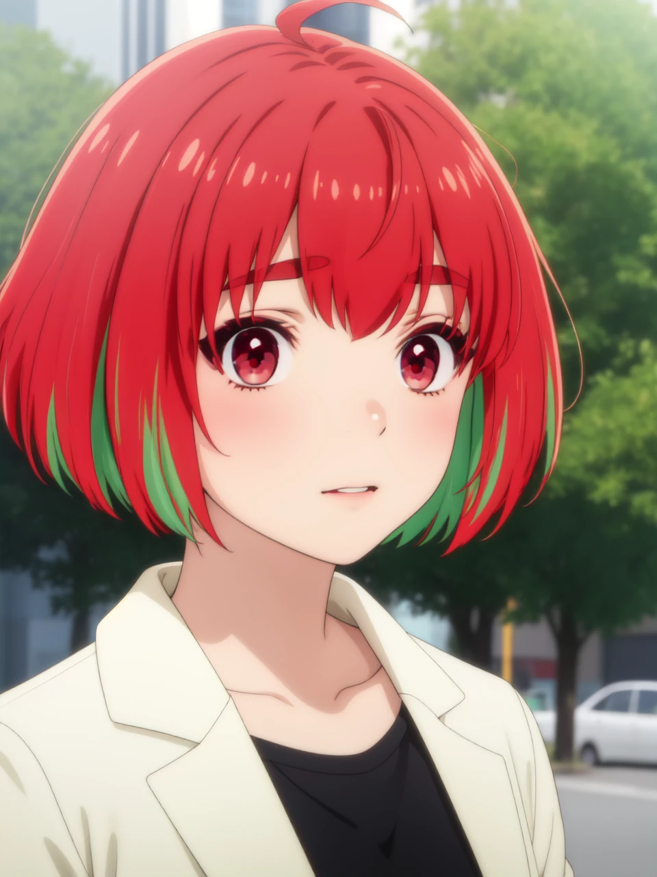 masterpiece, best quality,
 <lora:kana fujii s1-lora-nochekaiser:0.8> kana fujii, short hair, bangs, (red eyes:1.3), ahoge, red hair, multicolored hair, green hair, two-tone hair, thick eyebrows