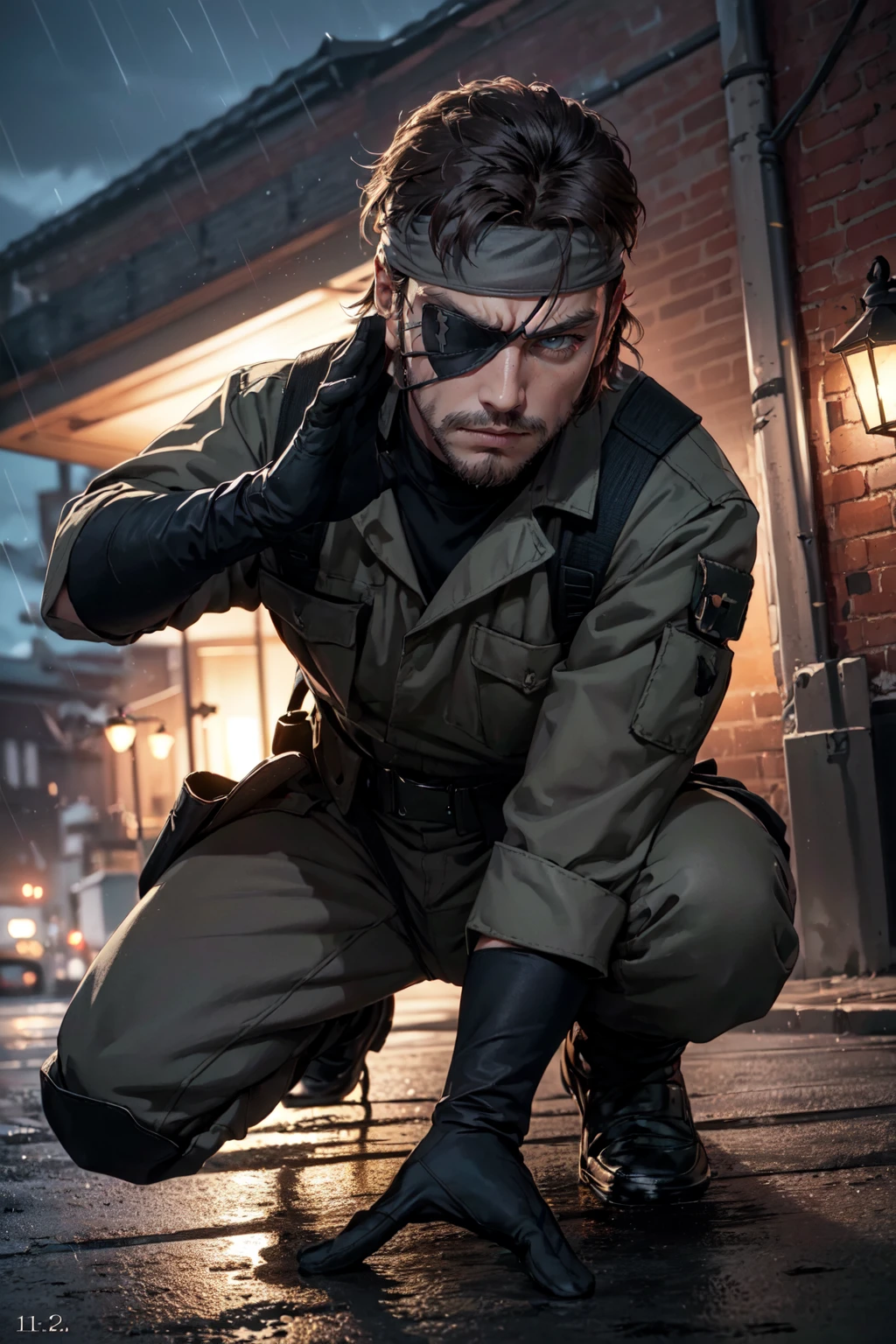 (1 image only),  solo male,  1boy,  Big Boss,  Metal Gear Solid,  bslue eyes,  brown hair,  facial hair,  (single eyepatch),  (grey headband:1.3),  clothing,  handsome,  mature,  charming,  alluring,  full body in frame,  perfect anatomy,  perfect proportions,  8k,  HQ,  (best quality:1.2,  hyperrealistic:1.2,  photorealistic:1.2,  masterpiece:1.3,  madly detailed photo:1.2),  (hyper-realistic lifelike texture:1.2,  realistic eyes:1.2),  high_resolution,  perfect eye pupil,  dutch angle,  dynamic,  action,  raining,  night,  military base,  sneaking pose,  genuflect,<lora:EMS-498-EMS:0.200000>,<lora:EMS-287113-EMS:0.700000>