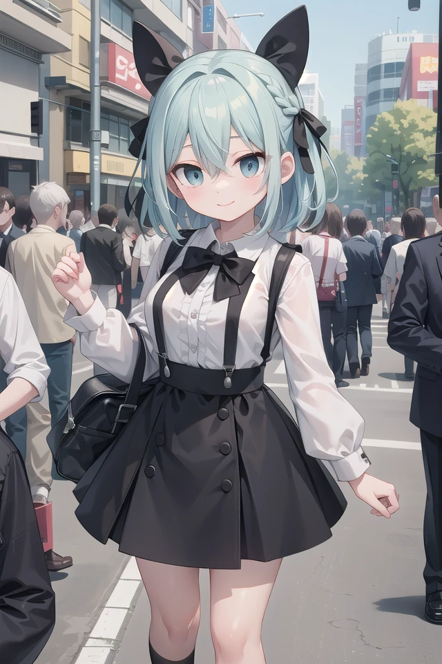 insanely detailed, absurdres, ultra-highres, ultra-detailed, best quality,
1girl, solo, nice hands, perfect hands,
BREAK
braid, shirt, holding, mary janes, socks, black skirt, long hair, white shirt, suspender skirt, white socks, long sleeves, ribbon, suspenders, standing, ruffles, black ribbon, bow , black bow tie, long skirt, black bow, neck ribbon, bowtie, bag
BREAK
happy smile, laugh, closed mouth, standing,
,
cute pose, cowboy shot,
BREAK
slender, kawaii, perfect symmetrical face, ultra cute girl, ultra cute face, ultra detailed eyes, ultra detailed hair, ultra cute, ultra beautiful,
BREAK
in harajuku, shibuya, tokyo, street, crowd, cityscape,
BREAK
medium large breasts,
(turquoise blue medium hair, black eyes), hair between eyes