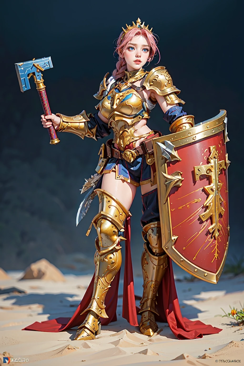 (masterpiece:1.2, best quality), (photorealistic:1.2, intricate details:1.2), Liberator_V1, solo, 1girl, armor, ((full body)), looking at viewer, full armor, greaves, breast plate, pauldrons, shoulder armor, full body, holding weapon, holding shield, gauntlets, blush, simple background, braid <lora:Liberator_V1:0.35>