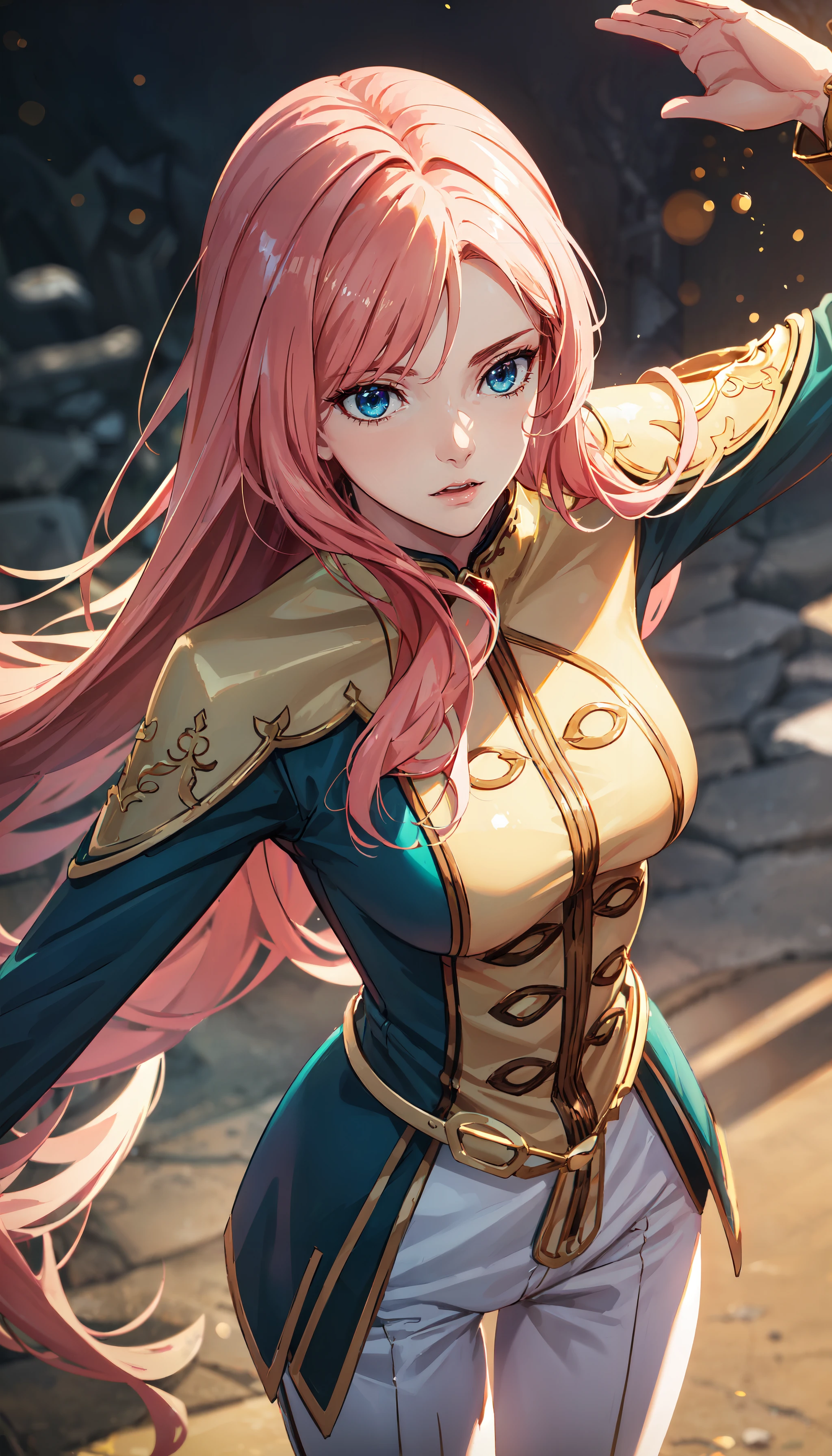 photorealistic, (4k), depth of field, (Masterpiece), (realistic skin texture), extremely detailed, intricate, hyper detailed, professional photography, bokeh, high resolution, sharp detail, best quality, woman, long hair, pink hair, blue eyes, teal and gold military uniform, white pants, white pelt, <lora:GoodHands-beta2:1> , <lora:detail_slider_v4:0.8> , dynamic pose, (reaching),   <lora:Eclair Seaetoo-000004:0.7>