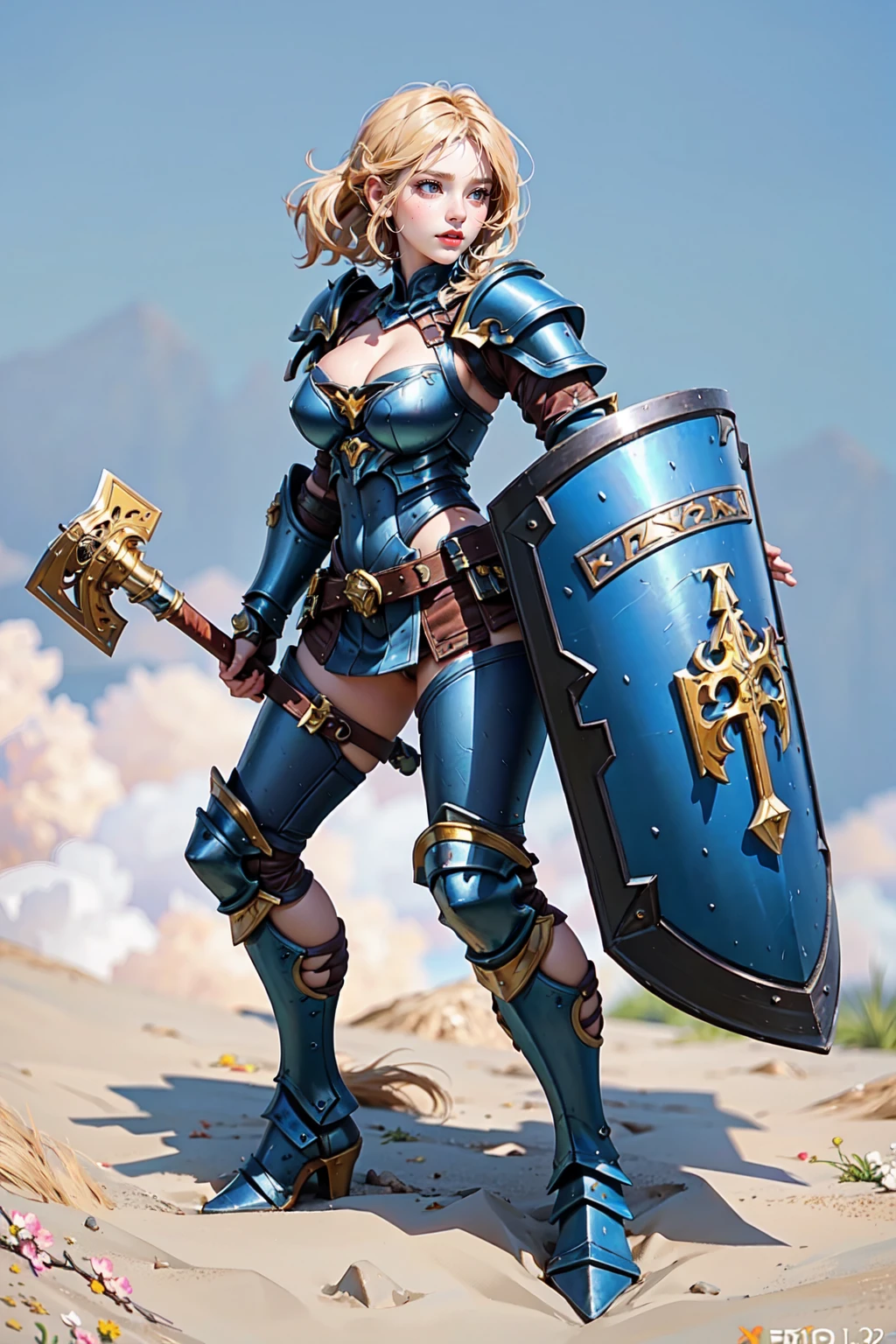 (masterpiece:1.2, best quality), (photorealistic:1.2, intricate details:1.2), Liberator_V1, solo, 1girl, armor, ((full body)), looking at viewer, full armor, greaves, breast plate, cleavage, pauldrons, shoulder armor, full body, holding weapon, holding shield, gauntlets, blush, simple background <lora:Liberator_V1:0.35>