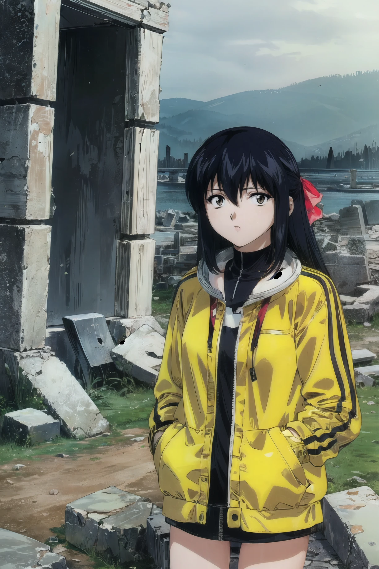 masterpiece, best quality, 1girl, looking at viewer, ultra detailed, <lora:add_detail:0.5>, <lora:rie_FW:1> , black hair, brown eyes, bangs, long hair, hair ribbon, ruins, ancient structures, weathered stones, historic,