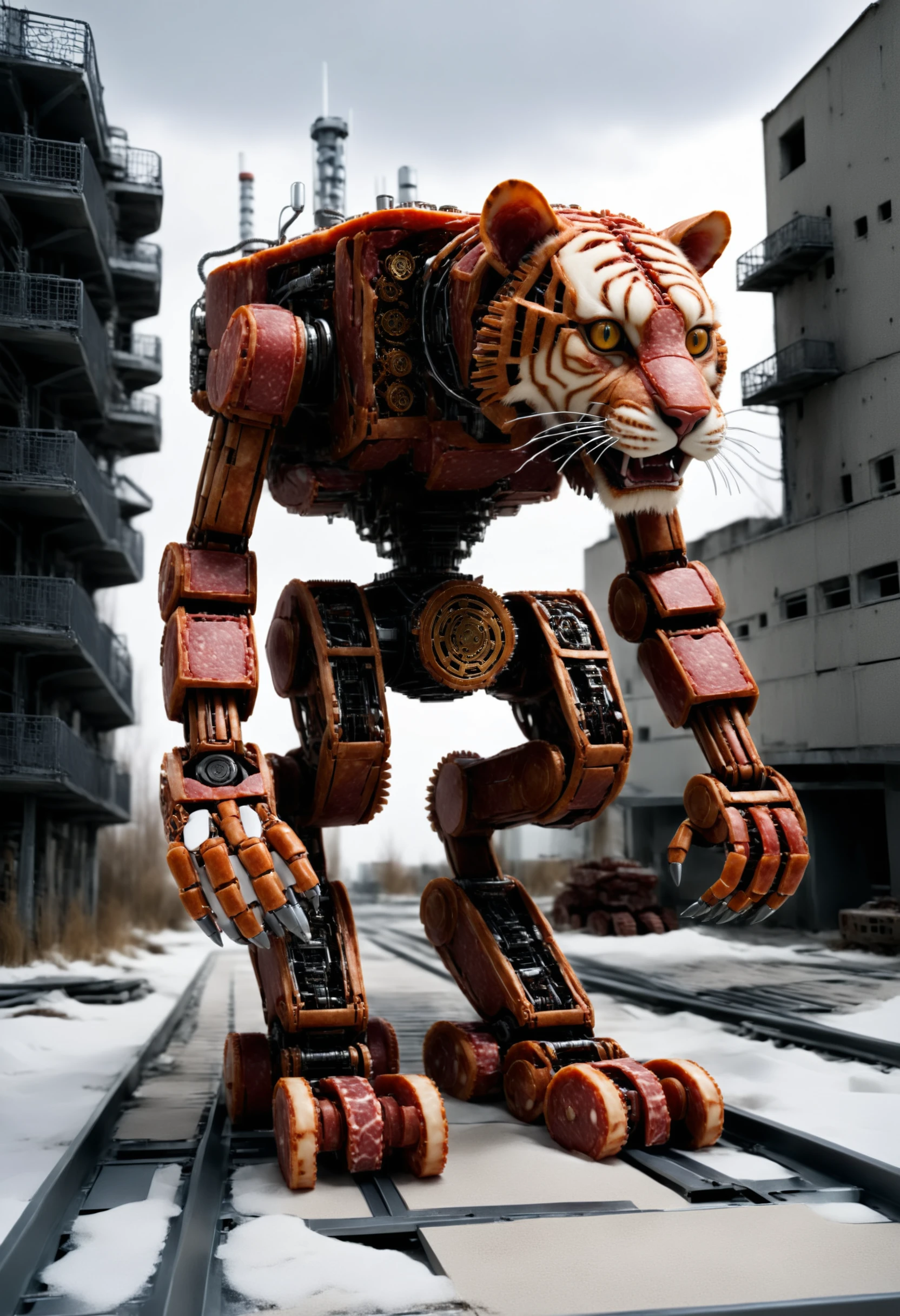 mechanical tiger walking in chernobyl, robotic tiger, walking on four legs, visible gears and circuitry, robotic animal,  abandoned city <lora:dvr-slm:1> dvr-slm