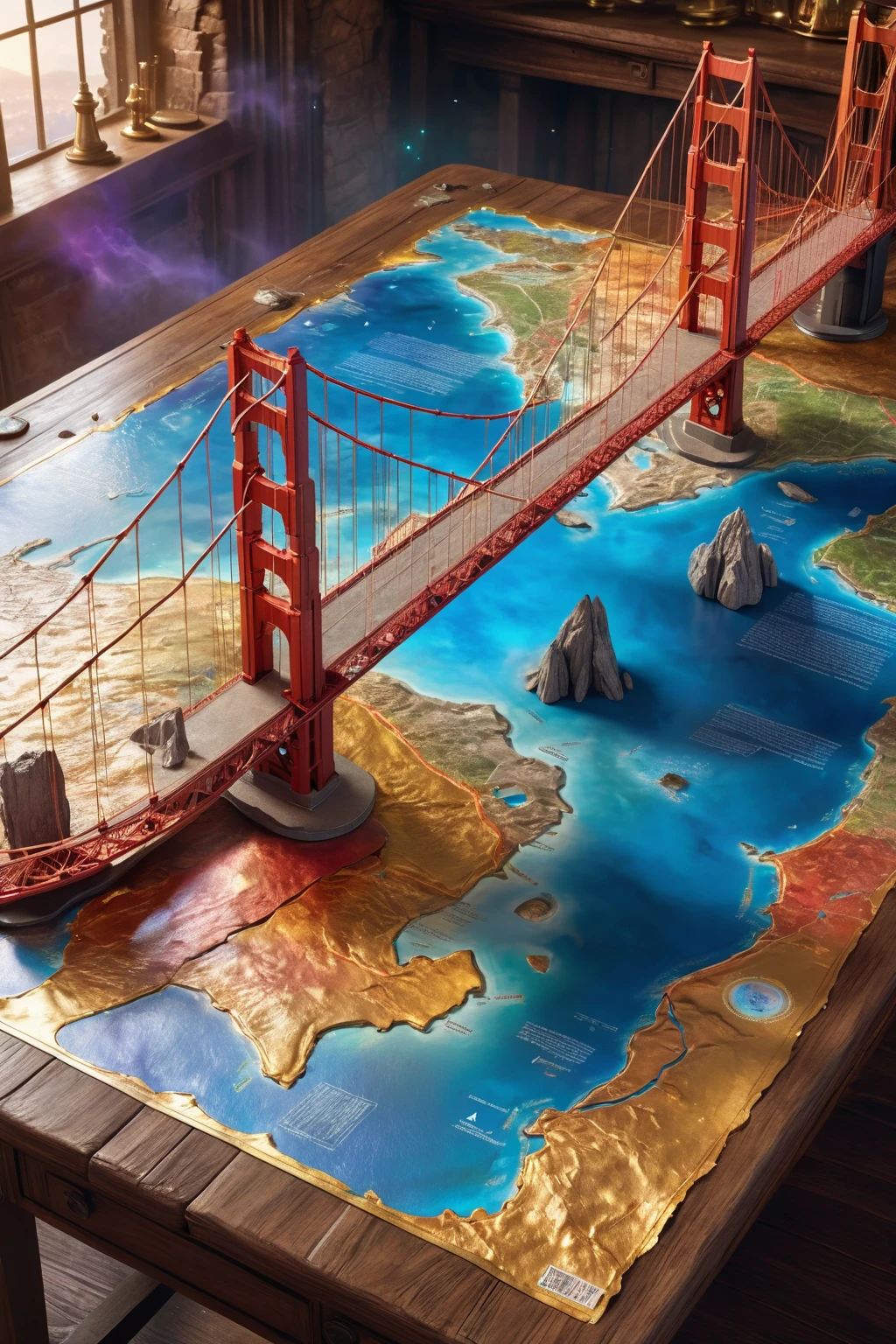 top view of a holographic magical map (3D, Goldengate Bridge), torn and worn, map looks to be floating off the paper, sitting on a wizard's desk, magical multicolored ink, high quality, imagination, 8k, fantasy art, vivid magical colors, style-paintmagic,