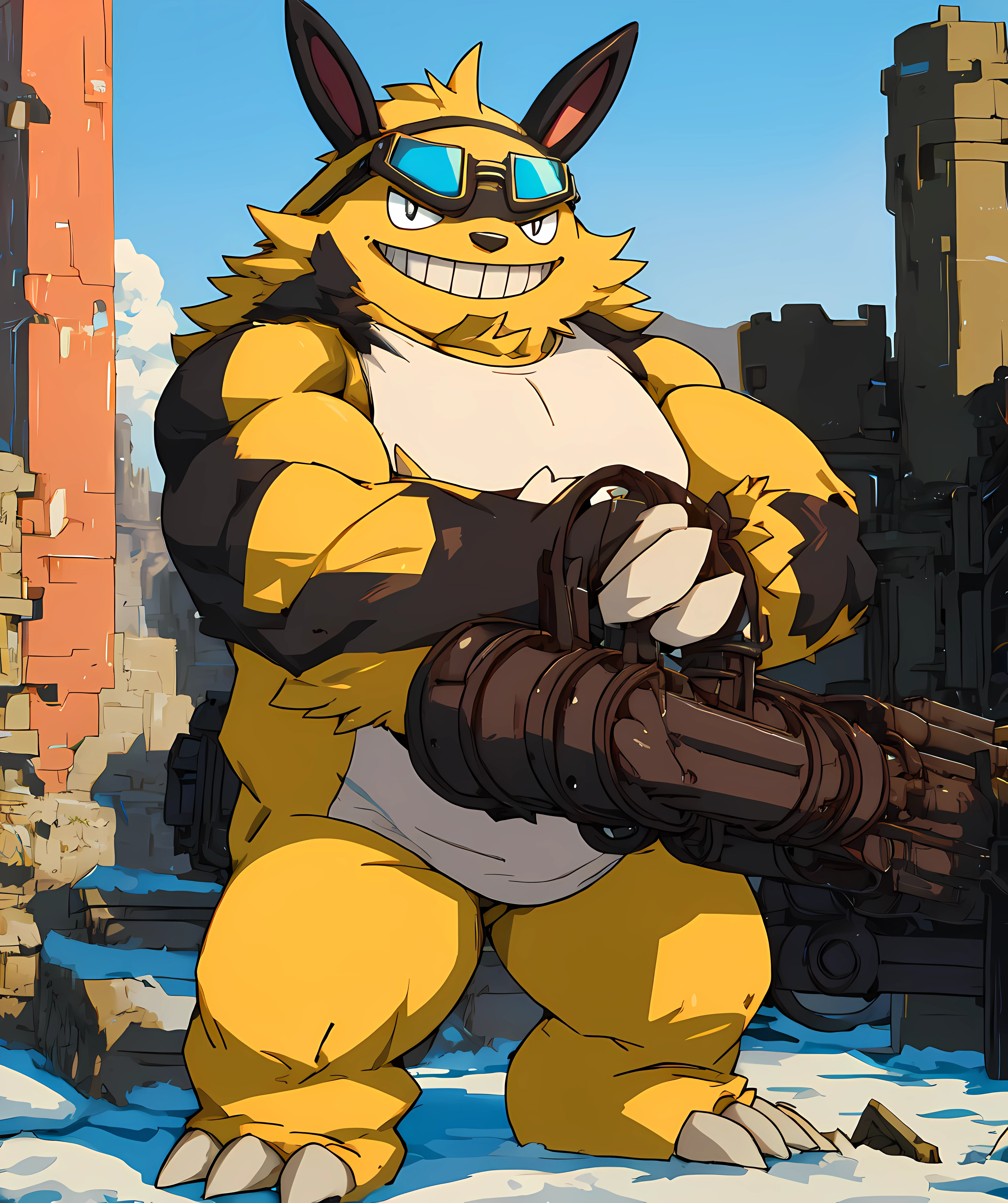 grizzbolt_palworld, muscular, standing, flexing, fur, looking at viewer, evil grin, outdoor, flat color, goggles on head, goggles, holding gatling gun, long pants, black tank top <lora:Grizzbolt:0.8>