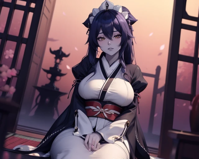 <lora:Shoggoth_MonsterGirl:0.7>, Gothic style 1girl, solo, beautiful adult woman, sh0ggoth, high quality, blue hair, best quality, highres, high detail, atmospheric lighting,blurry foreground, Japanese kimono, traditional design, submissive pose, serene garden setting, cherry blossoms, sunset hues, vibrant, detailed, 8k resolution . Dark, mysterious, haunting, dramatic, ornate, detailed