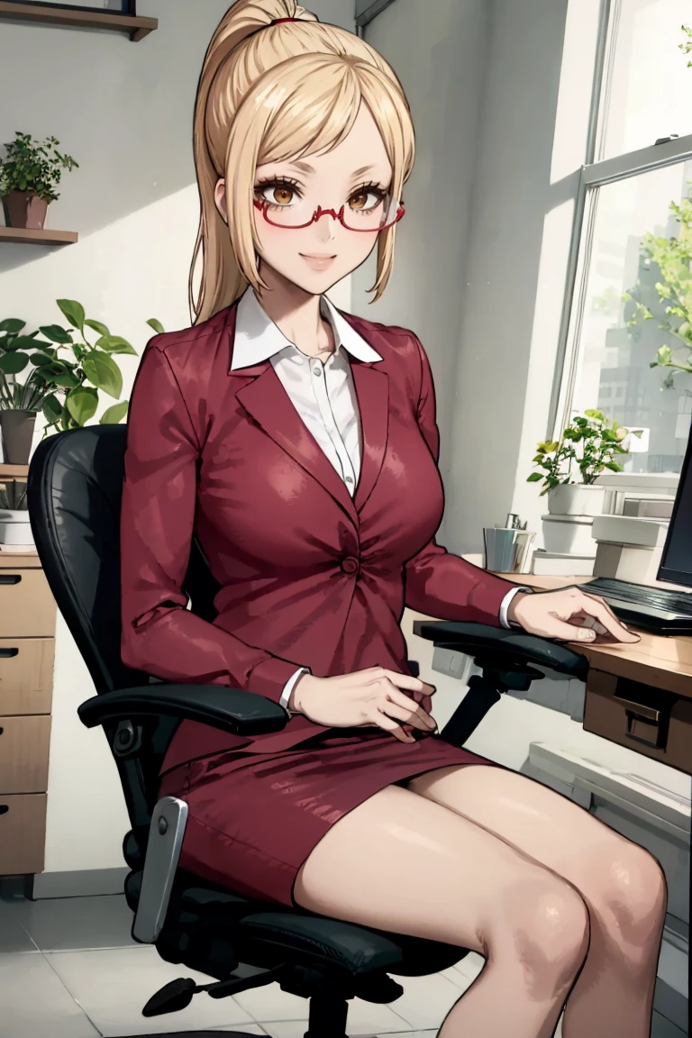 masterpiece, best quality, absurdres, KaedeAkiyama, long hair, ponytail, glasses, office lady, red skirt suit, red skirt, sitting, office chair, indoors, desk, smile, <lora:KaedeAkiyama:1>