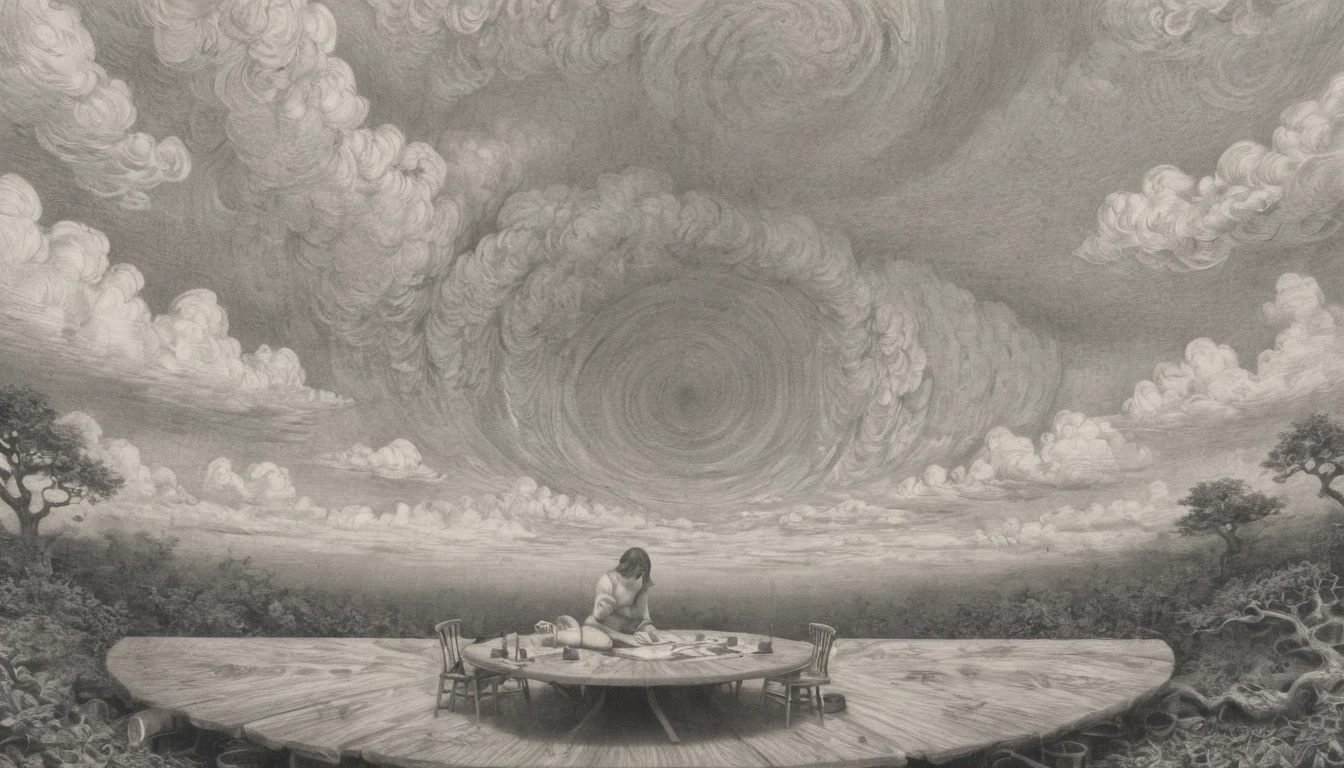 a detailed pencil drawing in the style of <MJART:1> MJART.
TRADITIONAL JAPANESE CLOUDS In a striking array, above an oak table swirl style ground, in a forest, in the foreground an Abstraction of a vertical split woman.
Wide angle, HIGHLY detailed, high quality, 8k UHD, surreal