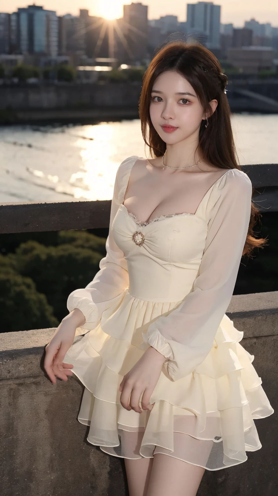 best quality,HDR,UHD,8K,Vivid Colors,solo,photo_,(1girl:1.3),(standing:1.3),sun,(sunshine:1.2),(looking at viewer:1.4),Elegant,detailed gorgeous face,(city background:1.3),(cowboy shot:1.4),<lora:rc92:0.75>,rc,dress,crinoline,long sleeves,