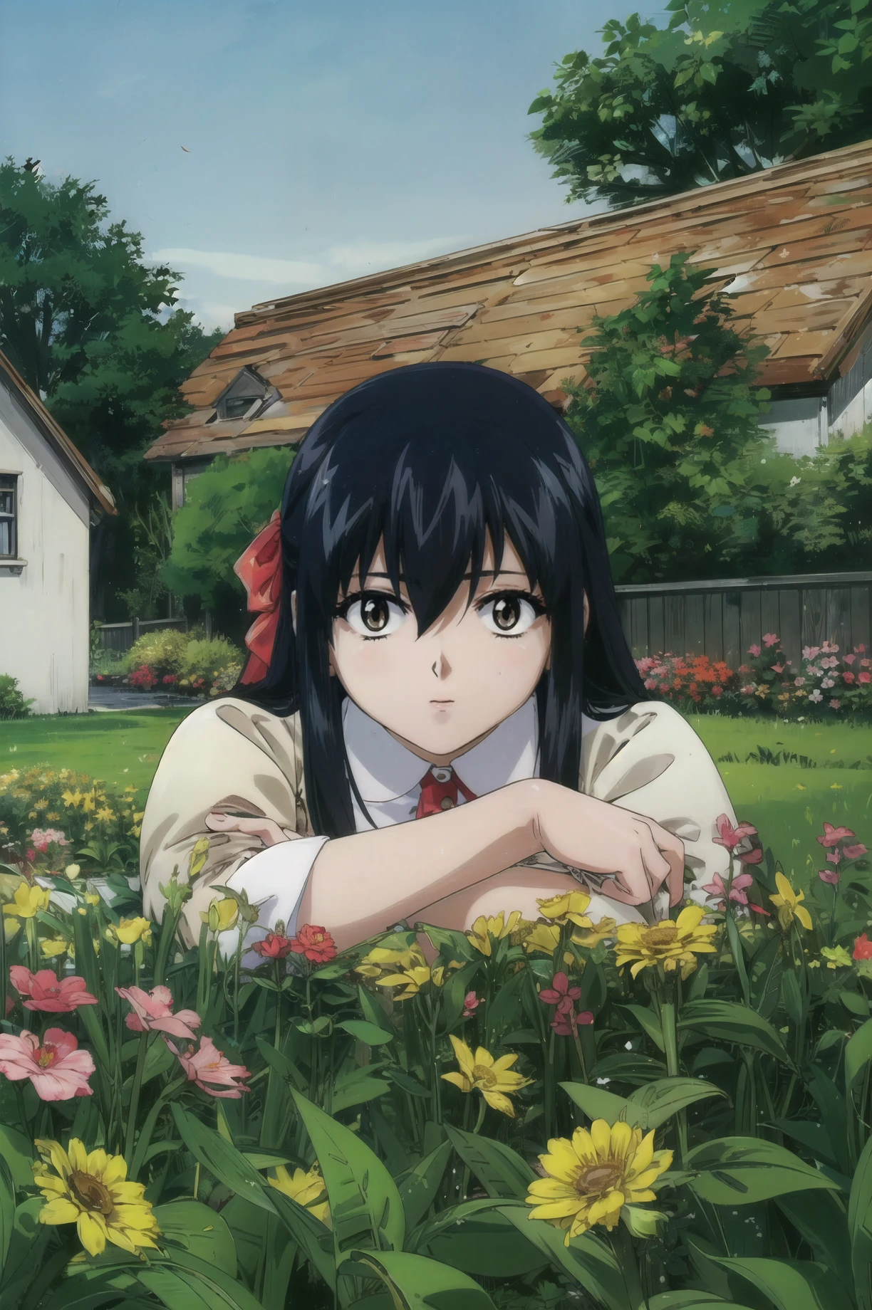 bluethebone, 1girl, solo, long hair, small breasts, looking at viewer, smug, bangs,coat , butterfly sitting, terrace