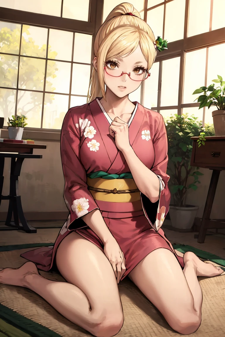 masterpiece, best quality, absurdres, KaedeAkiyama, long hair, ponytail, glasses, indoors, kimono, hair flower, floral print, wariza, sitting, hands on own knees, <lora:KaedeAkiyama:1>