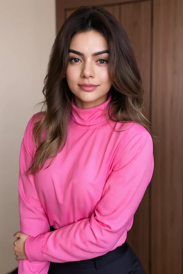 Portrait photo of k3llyk3y woman, pink turtleneck blouse. slight smile