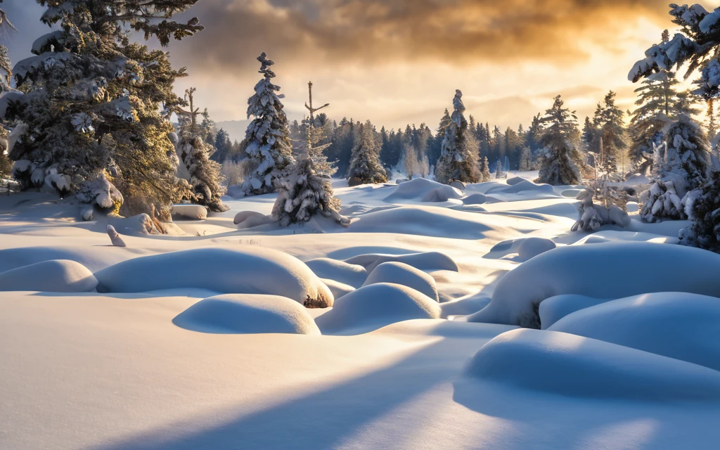 a snowy landscape with trees and snow
