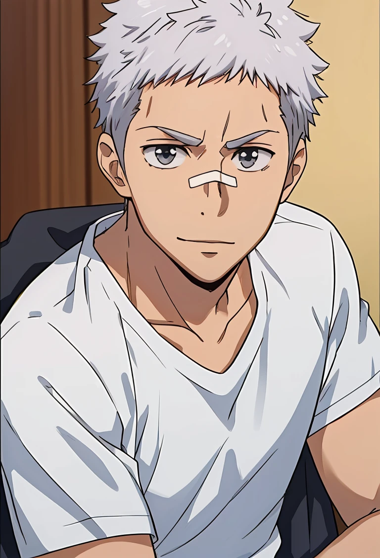 (((best quality, high resolution, masterpiece, very detailed))), <lyco:husbandoLocon_v4:0.3>, anime screencap, 1boy, solo focus, male focus, short hair, depth of field, <lora:Character - KHR - Ryohei Sasagawa:0.7> ryoheisasagawa, white hair, grey eyes, upper body, band aid, slight smile,