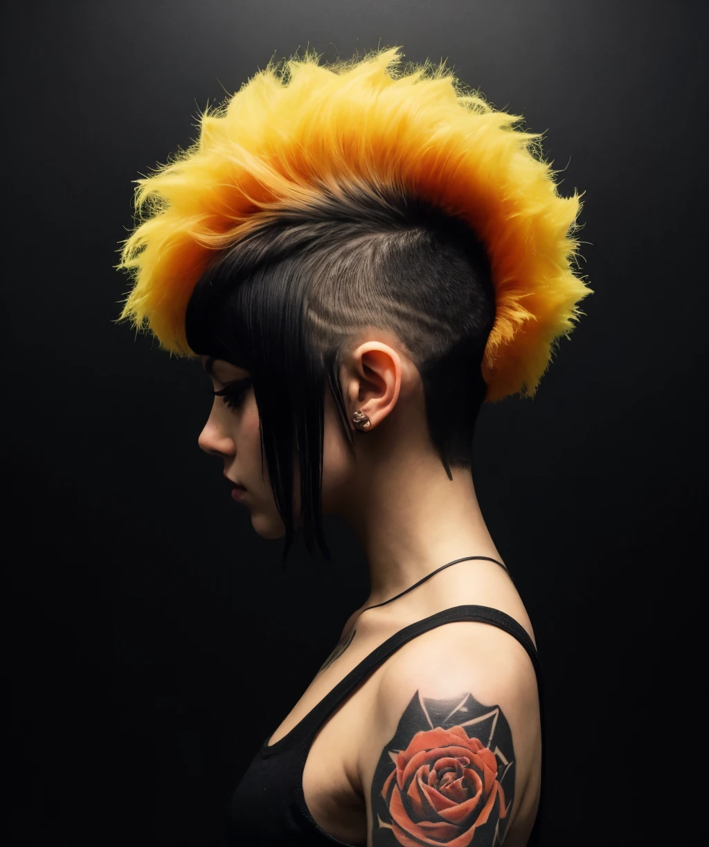 bce, 1girl, solo, short hair, blonde hair, simple background, from side, tattoo, profile, looking down, black background, mohawk, <lora:better_creative_hair-06:1>