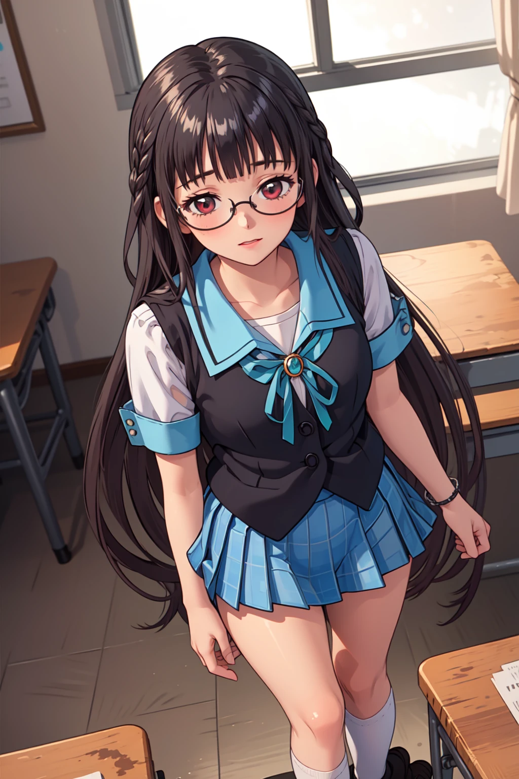 masterpiece, best quality, 1girl, solo, <lora:Sakajo_Hikaru_v7:0.75>, classroom, standing, (pov, closeup:1.3), from above, shy, embarrassed, black hair, red eyes, blunt bangs, sailor collar, black vest, blue skirt, white socks, glasses, (very long hair:1.5), twin braids, blue sleeve cuffs, green ribbon, brooch, plaid skirt, pleated skirt, black loafers,
black hair, red eyes, blunt bangs, sailor collar, black vest, blue skirt, white socks, glasses, (very long hair:1.5), twin braids, blue sleeve cuffs, green ribbon, brooch, plaid skirt, pleated skirt, black loafers,