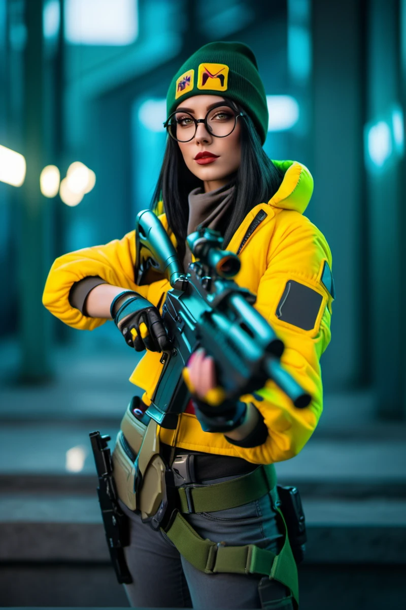 cinematic photo  a woman, yellow jacket, green beanie, full body, holding a sniper rifle, futuristic background <lora:Killjoy1024:0.8> . 35mm photograph, film, bokeh, professional, 4k, highly detailed
