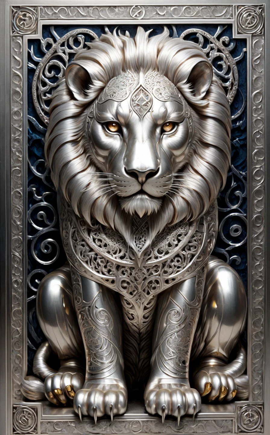 fantasy cs-m3tal-400 Color Field Painting (silver-toned:0.3) Pakistani Tarot Strength, standing with a lion, infinity symbol, silver filigree inlay, intricate, crisp lines