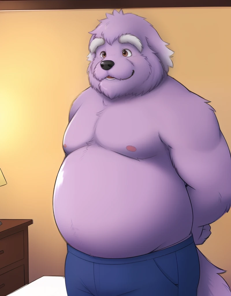 Musclegut, Bigchest, chubby belly, cute werewolf bear cub, Small eyes , embarrassed from ,Face , opened legs , fullnude , Erect ,  Standing in a dark room, Facing this way, Sweating , Precum drips, fantastic ambient light