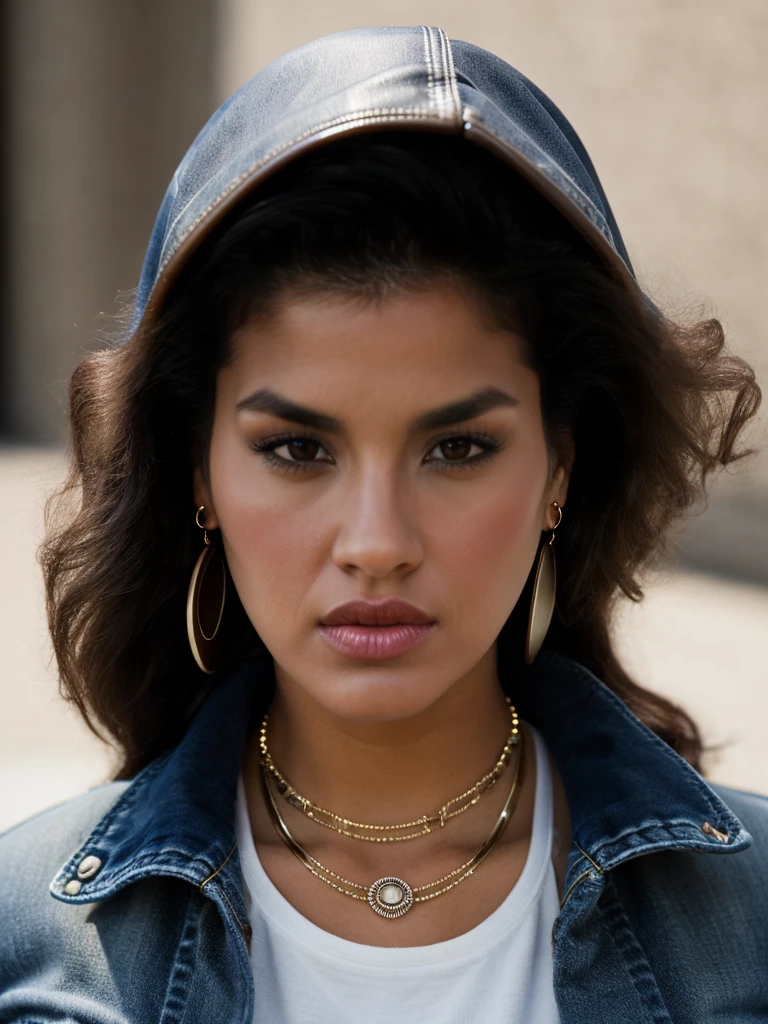 Realistic photo of a beautiful j4n1c3d woman,1girl,solo,black hair,brown eyes,jewelry,jacket,earrings,dark skin,necklace,bracelet,lips,ring,hoop earrings,realistic,leather,leather jacket,denim jacket,soft lighting, professional Photography, Photorealistic, detailed, RAW, analog, sharp focus, 8k, HD, high quality, masterpiece<lora:j4n1c3d:1.0>