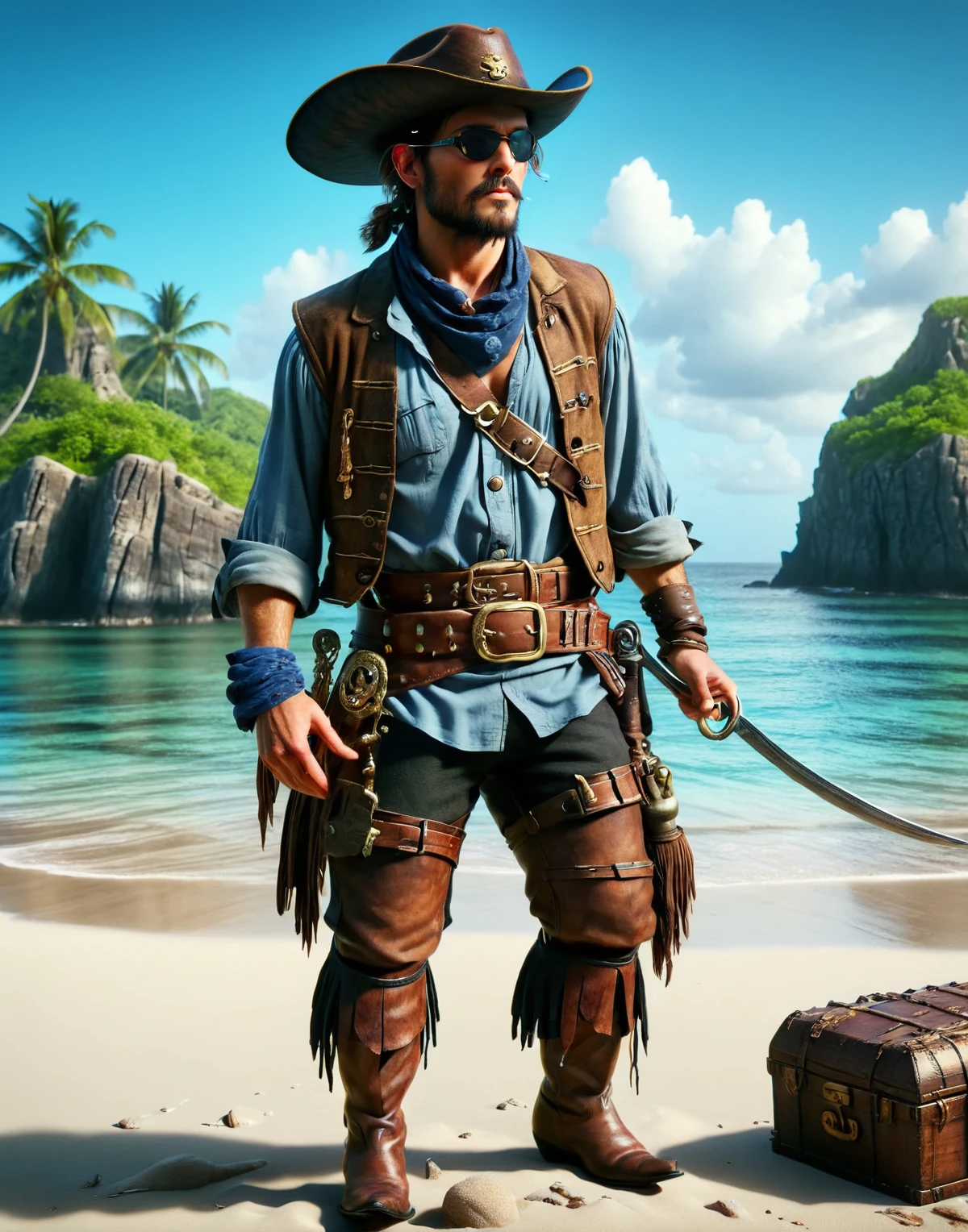 ais-cowboyz pirate, looking for treasure on a deserted island <lora:Cowboyz_Style_SDXL:1>,4k, uhd, hdr, masterpiece