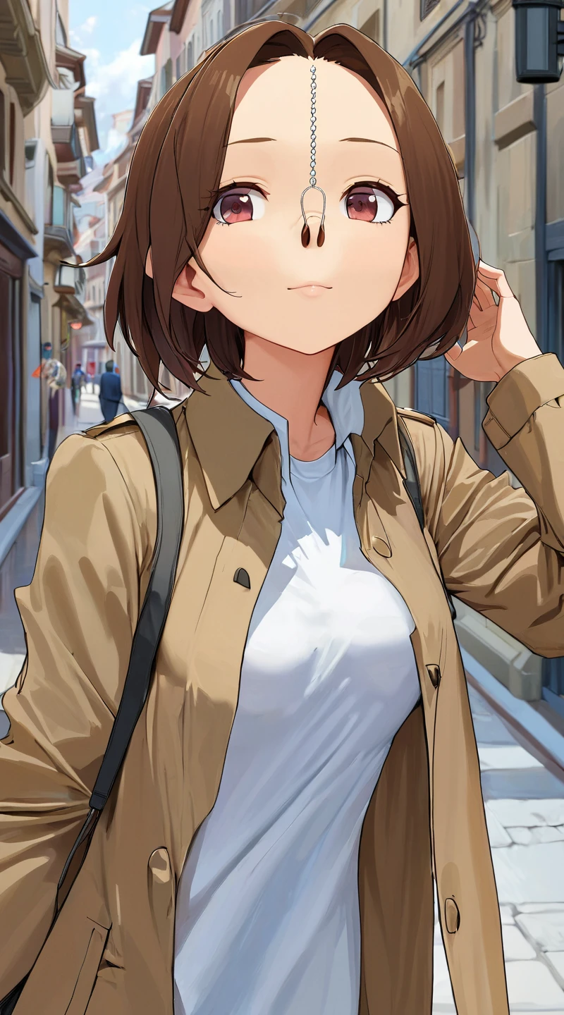(masterpiece, best quality ultradetailed:1.2) <lora:SDXL_nosehook_anime_v1:1.1>(upper body)girl,street,short hair,trench coat,T-shirt,denim pants,(forehead:0.8)