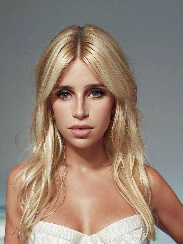 gquality, <lora:florencia-10:1> florencia, 1girl, solo, looking at viewer, blonde hair, bare shoulders, upper body, portrait, blurry background, realistic, makeup