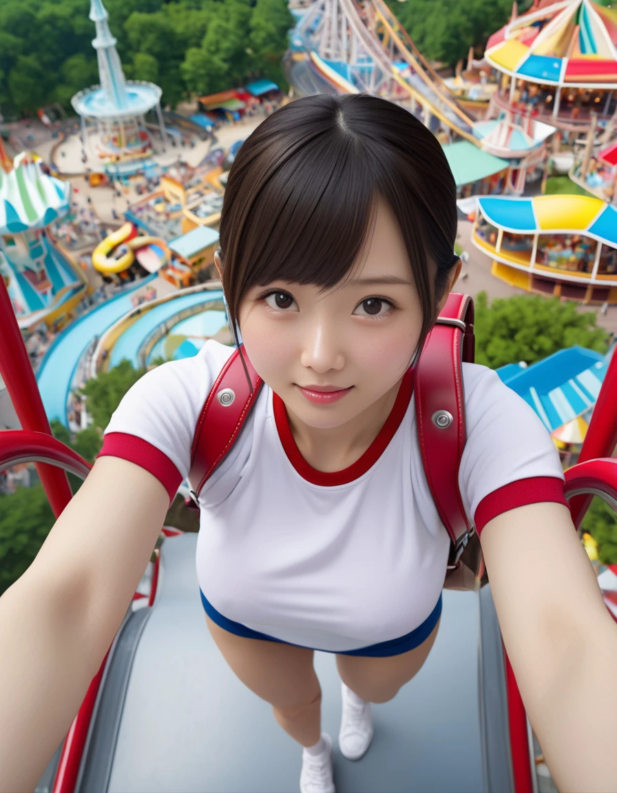 1girl, Japanese solo wife, friendly, smile, large breast, (navy buruma panty:1.2), (white short sleeve gym uniform with colored hem:1.2), (red randoseru backpack:1.2), <lora:RanburuXLv10:1>, enjoying amusement park, roller coasters, Ferris wheel, fountain, view from above,
8k, RAW, best quality, ultrarealistic, photorealistic, natural skin, detailed skin, (skindentation:0.3)