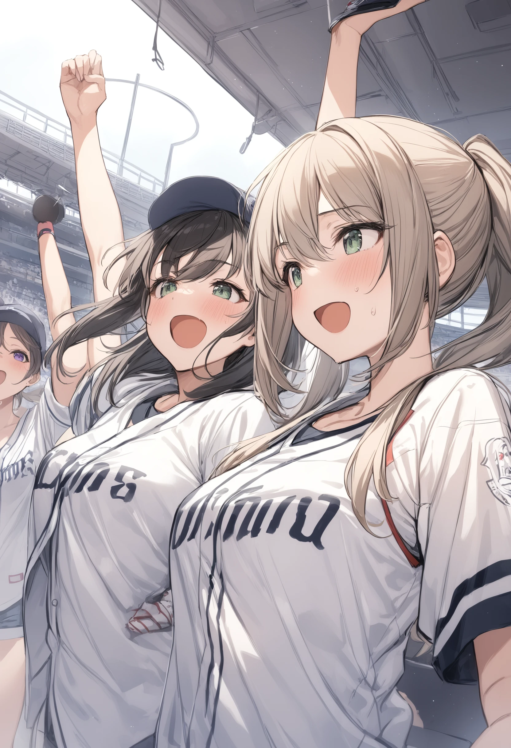 multiple girls, <lora:sdxl2-flat2-512b:-1>,medium breasts,
<lora:seibuXLv2:0.6>,seibu,baseball uniform, clothes writing, short sleeves,miniskirt, white jacket, open clothes, open jacket,shirt,cheering,
ceiling, upper body, looking to the side, open mouth,
masterpiece,best quality,medium quality,
