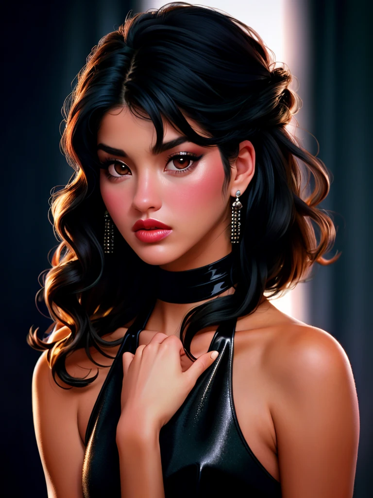 Realistic photo of a beautiful j4n1c3d woman, 1girl,solo,long hair,looking at viewer,black hair,dress,brown eyes,jewelry,upper body,earrings,dark skin,black dress,dark-skinned female,lips,makeup,lipstick,realistic,hand on own head,soft lighting, professional Photography, Photorealistic, detailed, RAW, analog, sharp focus, 8k, HD, high quality, masterpiece<lora:j4n1c3d:1.0>