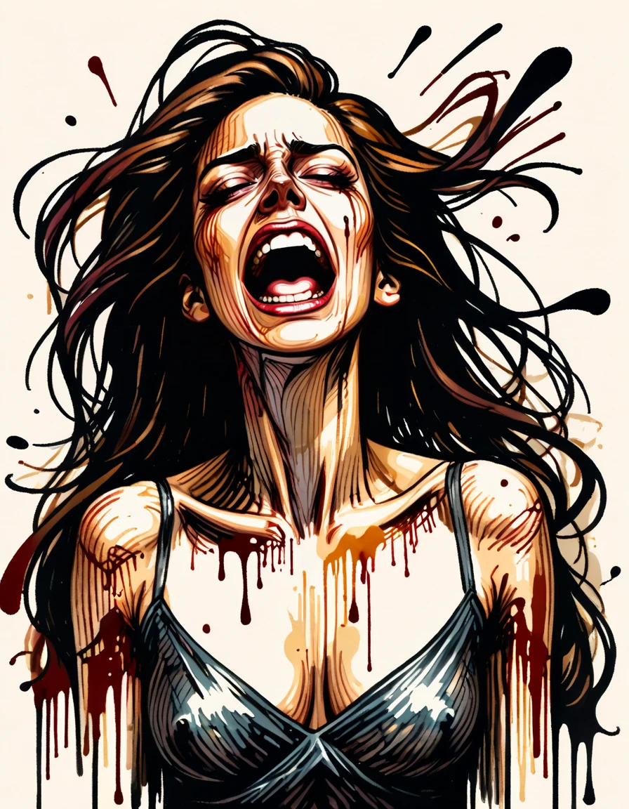 ink illustration, ink stains, ink splatters, ink runs, ink spots, faded ink, physically emotive woman screaming in anguish, ral-fltpn <lora:ral-fltpn:1>