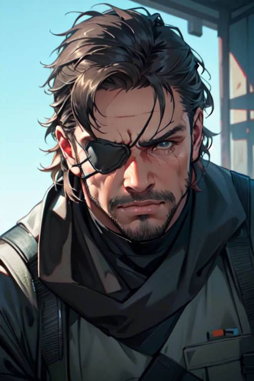 (1 image only),  solo male,  1boy,  Big Boss,  Metal Gear Solid,  facial hair,  eyepatch,  grey bandana,  handsome,  mature,  charming,  alluring,  upper body in frame,  perfect anatomy,  perfect proportions,  8k,  HQ,  (best quality:1.2,  hyperrealistic:1.2,  photorealistic:1.2,  masterpiece:1.3,  madly detailed photo:1.2),  (hyper-realistic lifelike texture:1.2,  realistic eyes:1.2),  high_resolution,  perfect eye pupil,  dutch angle,<lora:EMS-498-EMS:0.200000>,<lora:EMS-287113-EMS:0.800000>