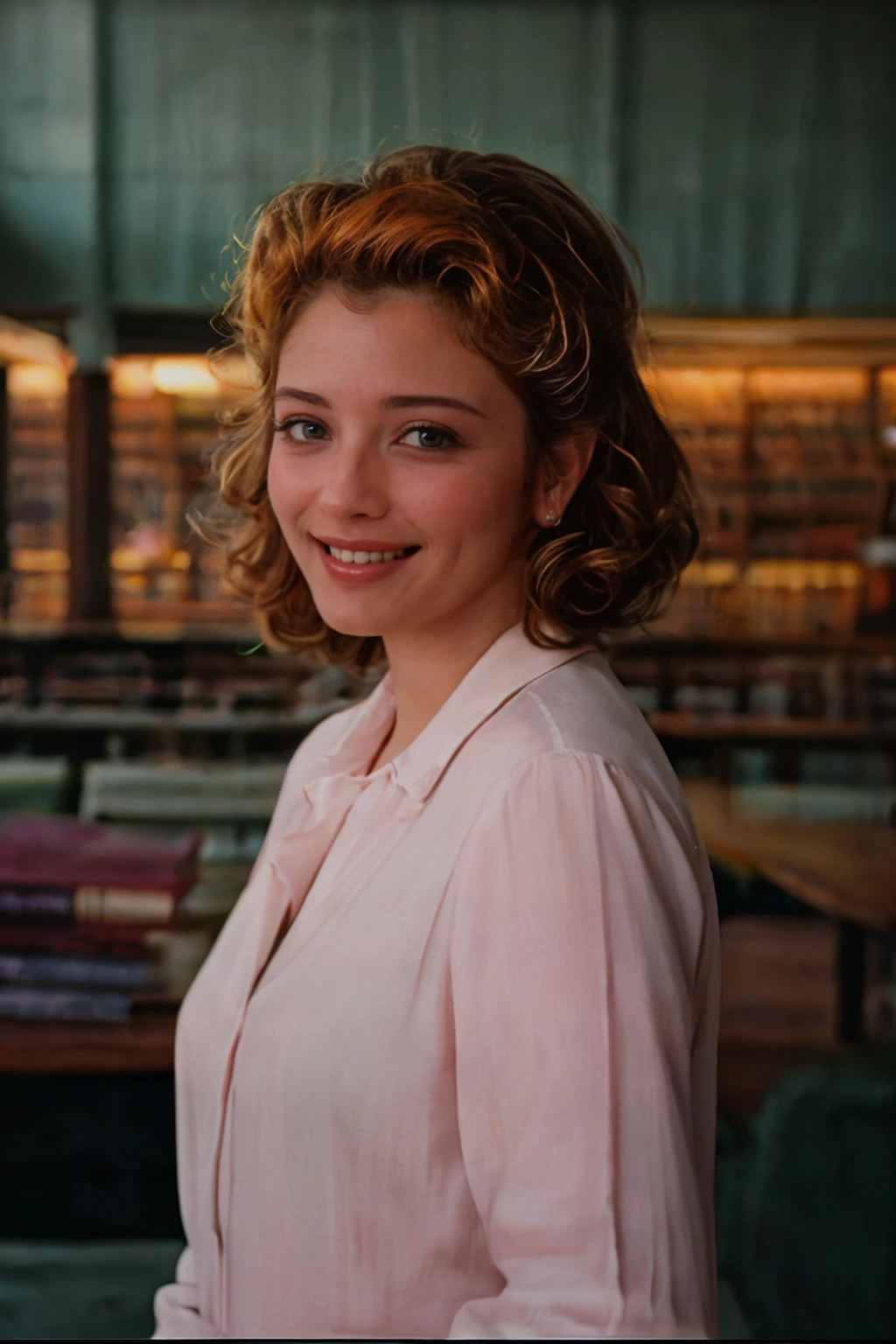Create an oil painting: a front-view portrait of a teenage girl looking over her red notebook. Her short curly hair is blonde and reveals her fair-skinned shoulders, in her light eyes you can see intelligence, curiosity and reverie.