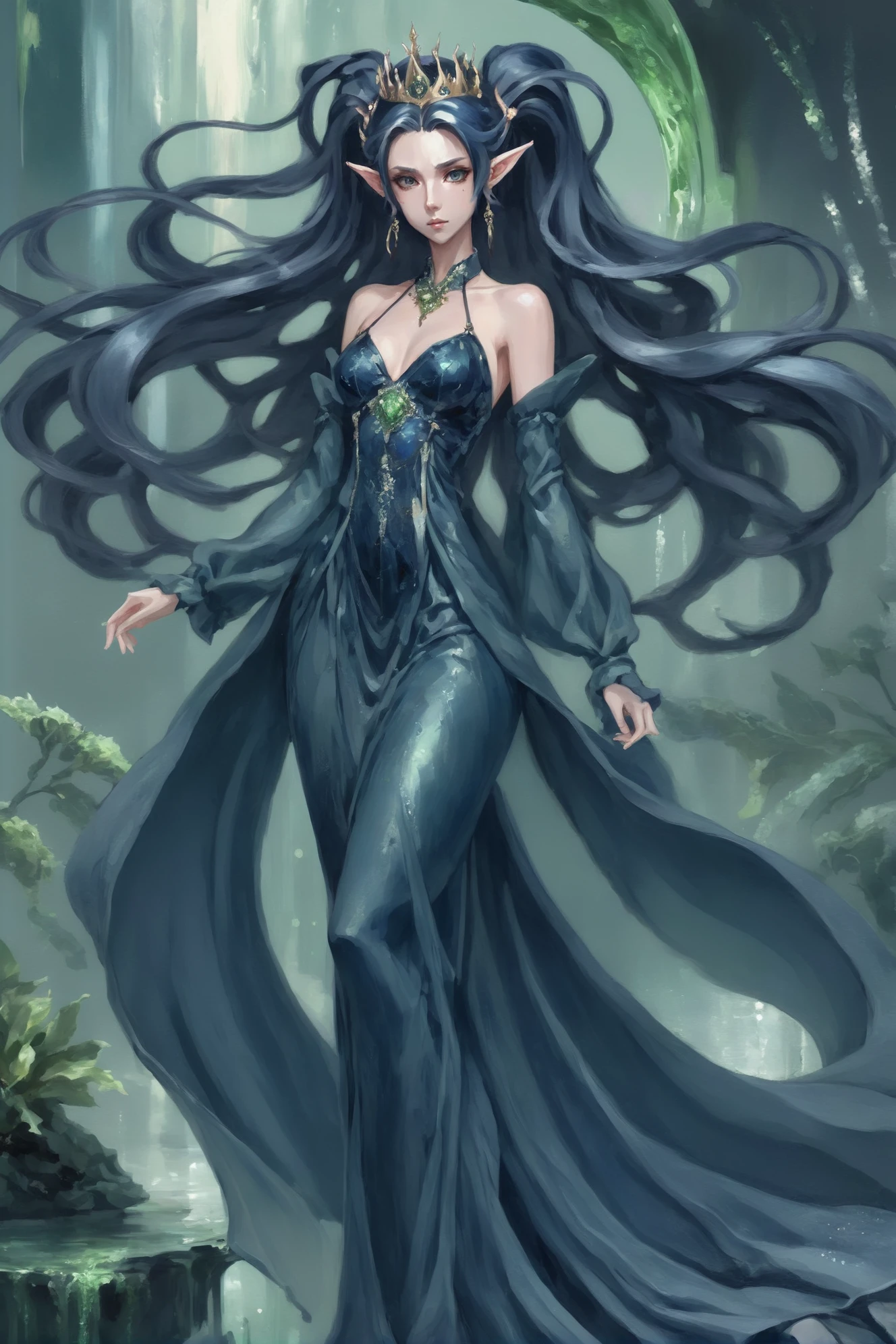 anime style, 1girl, woman, malevolent goddess, (flowing dress:1),(huge opulent crown:1), bombshell hair, sparkling deep color:darkslateblue hair, side ponytail, toned hourglass figure, caucasian, elf, Algae Bloom Ponds<lora:EnvyElfXL02:1>