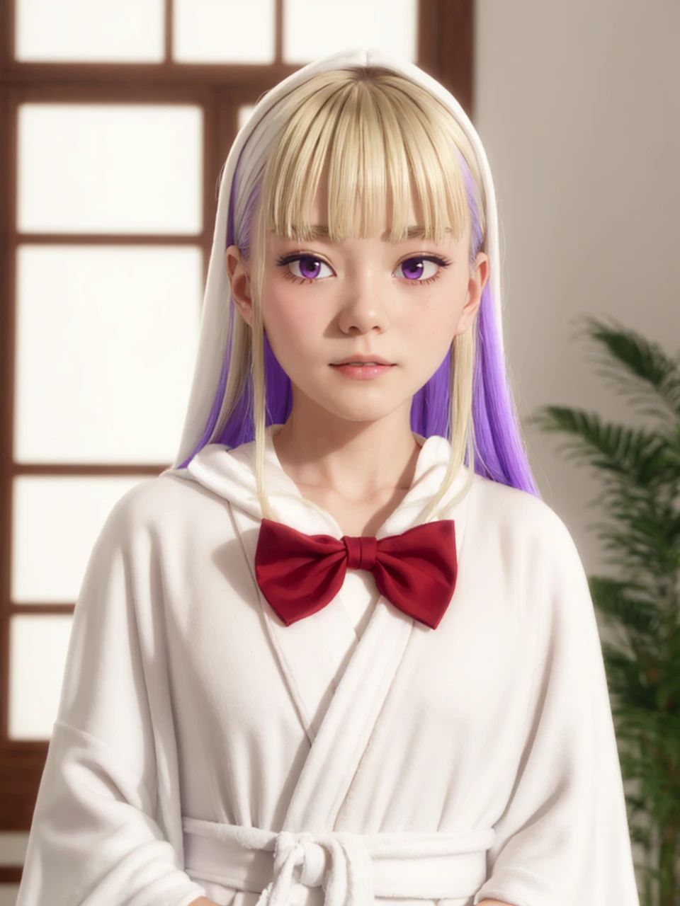 masterpiece, best quality,
raw photo,
<lora:reimi itsushiro s1-lora-nochekaiser:0.9> reimi itsushiro, long hair, bangs, blonde hair, (purple eyes:1.1), purple hair, ahoge, multicolored hair, blunt bangs, two-tone hair,
1girl, solo, (****,********,************, **y.o.),
BREAK
((red bow, bowtie))
BREAK (white robe:1.5),