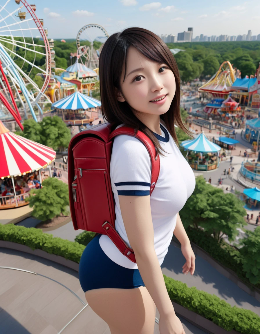 1girl, Japanese solo wife, friendly, smile, large breast, (navy buruma panty:1.2), (white short sleeve  gym uniform with colored hem:1.2), (red randoseru backpack:1.2), <lora:RanburuXLv10:1>, enjoying amusement park, roller coasters, Ferris wheel, fountain, view from above,
8k, RAW, best quality, ultrarealistic, photorealistic, natural skin, detailed skin, (skindentation:0.3)