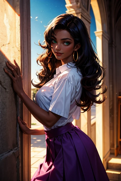 masterpiece, best quality, ultra detailed,8k, 4k, intricate,highly detailed,detailed face,(extremely detailed fine touch:1.2), (natural light, sun light, light rays, dappled light, reflection, shadows, ray tracing:1.2),hourglass body ,complex background, many elements in the background
BREAK
esmeralda,1girl, solo, dark skin, earrings, jewelry, dark-skinned female,brown hair, long hair, skirt, long skirt, purple skirt, smile, green eyes, shirt, hoop earrings
BREAK
half body,
BREAK
<lora:more_details:0.5>, <lora:esmeralda:0.7>