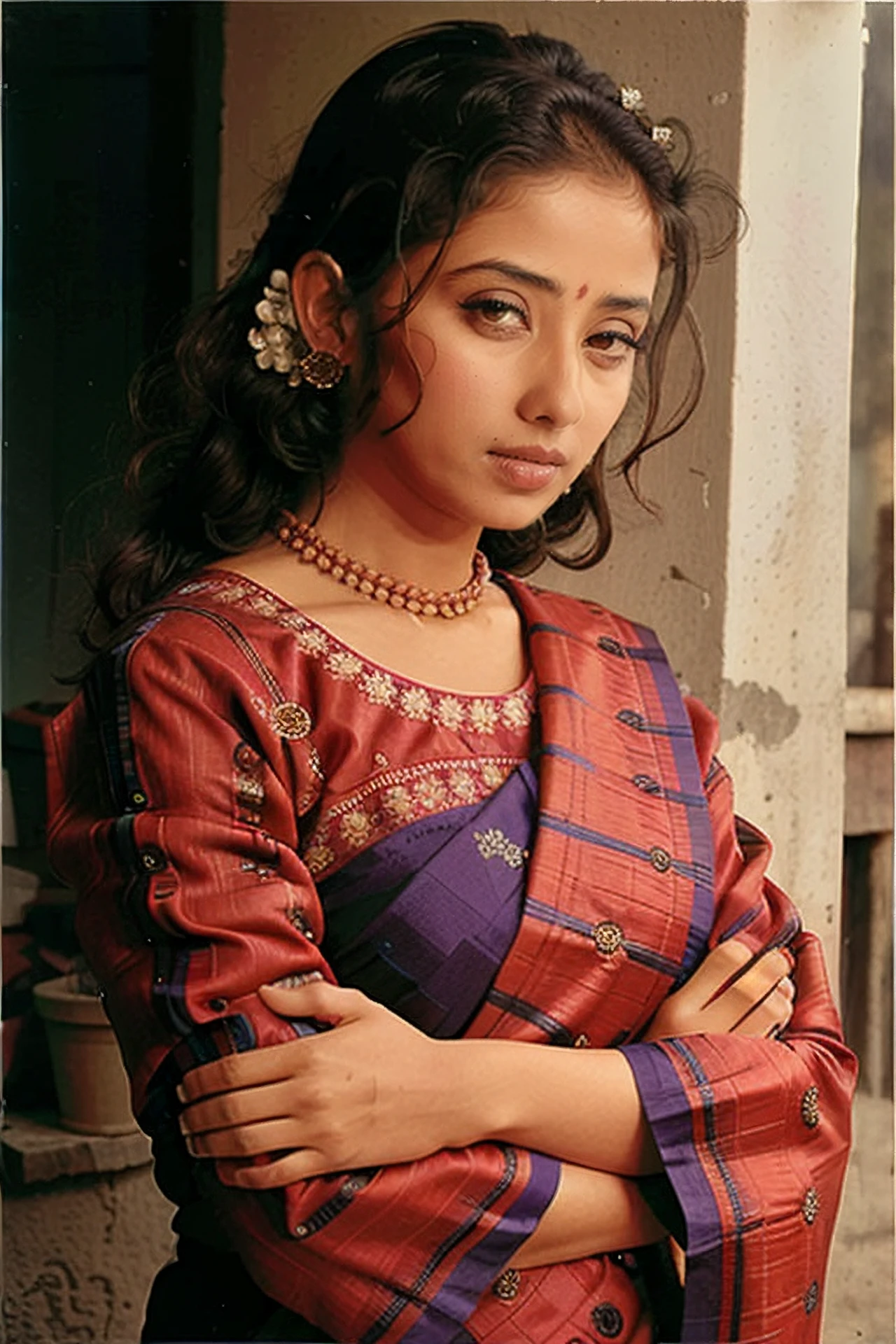 high quality fashion photography, photo of a koir woman wearing intricate high-neck Banarasi Silk Saree, looking at camera, anatomically correct, town background  <lora:koir_Manisha_Koirala_SD15_LoRA_AdamW_local_20imgs:0.8>