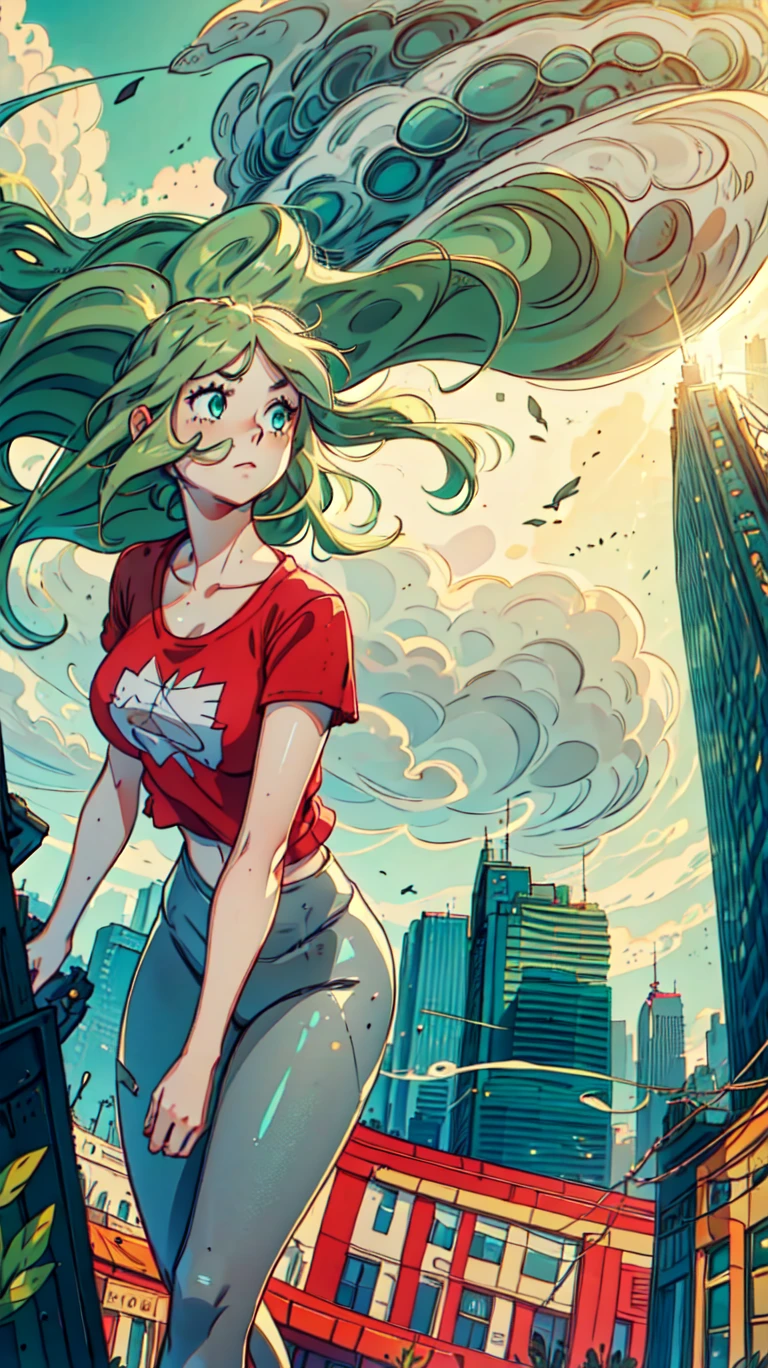 (1girl:cute face, detailed eyes, <lora:perfecteyes:0.4>, average breasts, long wavy green hair, grey leggings, red t-shirt), city in the background, day, sunny, clouds, <lora:SimzArt_LoRA:1>