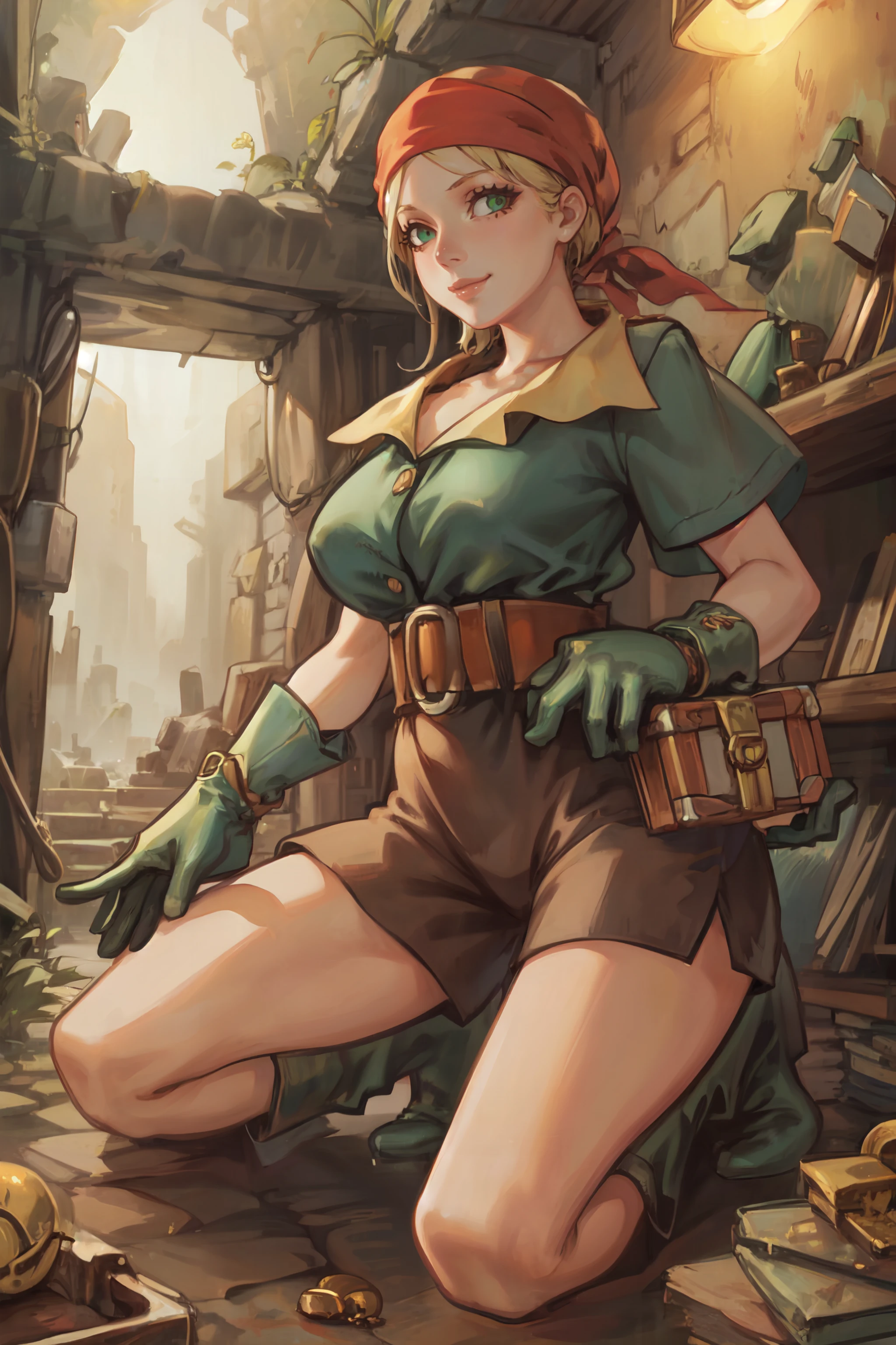 (masterpiece, best quality, ultra detailed, beautiful illustration), atmospheric perspective, depth of field, beautiful detailed eyes, anime eyes:1.4, looking at the viewer, (portrait), dynamic pose, dynamic angle, (indoors, underground ruins:1.4, glowing lights), 1girl, sly smile, (huge breasts), ThiefFFT, short hair, blonde hair, bandana, green shirt, belt, brown shorts, gloves, boots, <lora:FinalFantasy_FemaleThief:0.9>, (kneeling, treasure chest:1.4)