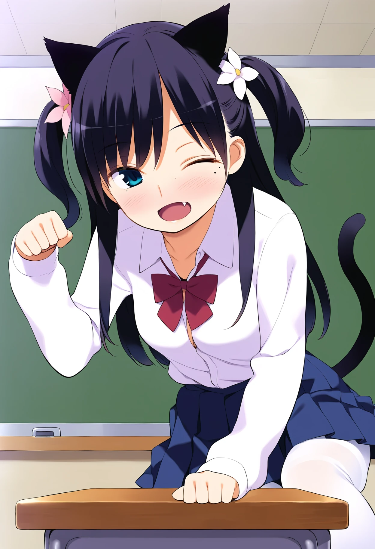 score_9, best quality, masterpiece, uncensored, source_anime, by nora higuma
BREAK
1girl, :o, black hair, blush, female focus, flower, hair flower, hair ornament, long hair, looking at viewer, mole, mole under eye, one eye closed, cat tail, cat ears, cat girl, sleeves past wrists, solo, two side up, classroom, white pantyhose, pleated skirt, sitting on desk, fang out, paw pose
<lora:nora_higuma_pony_v2:1>