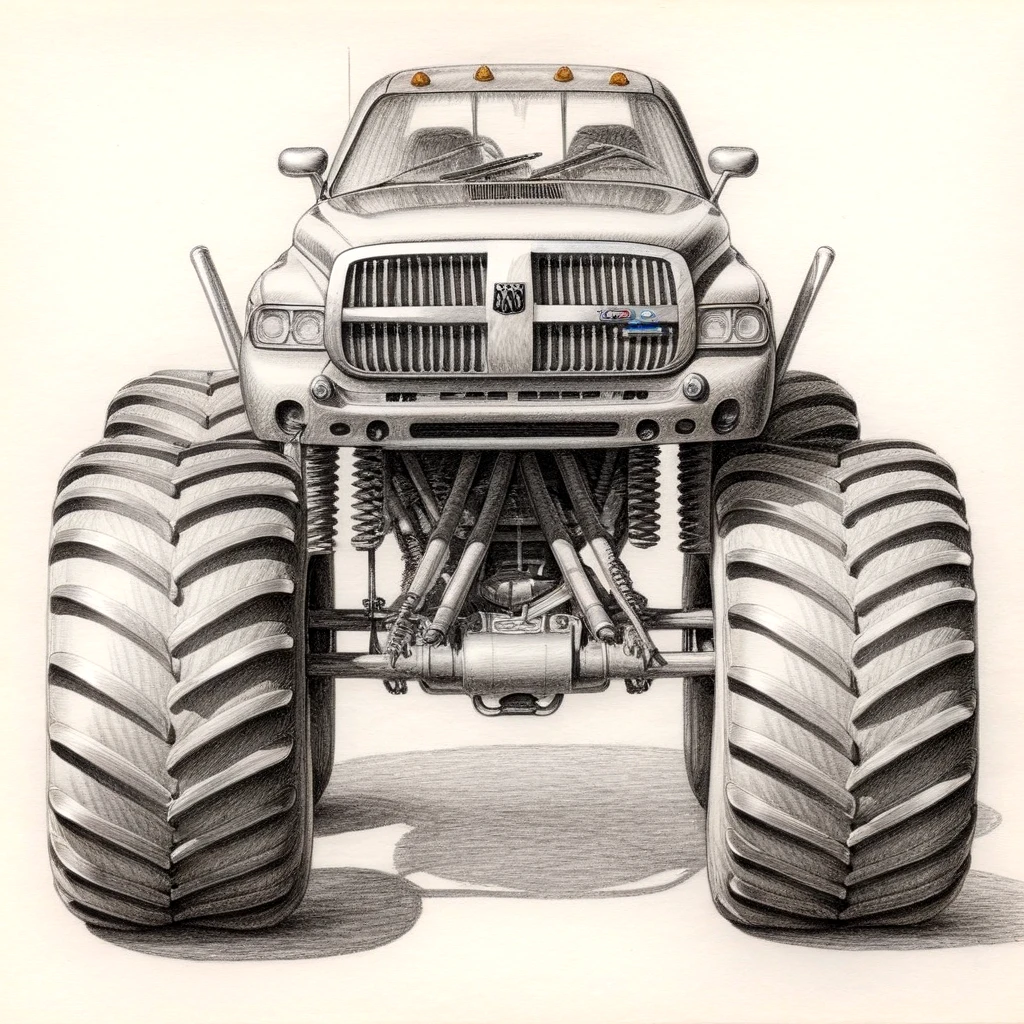 a straight-on pencil drawing of a monster truck<lora:BasicMonsterTruckXL:1>